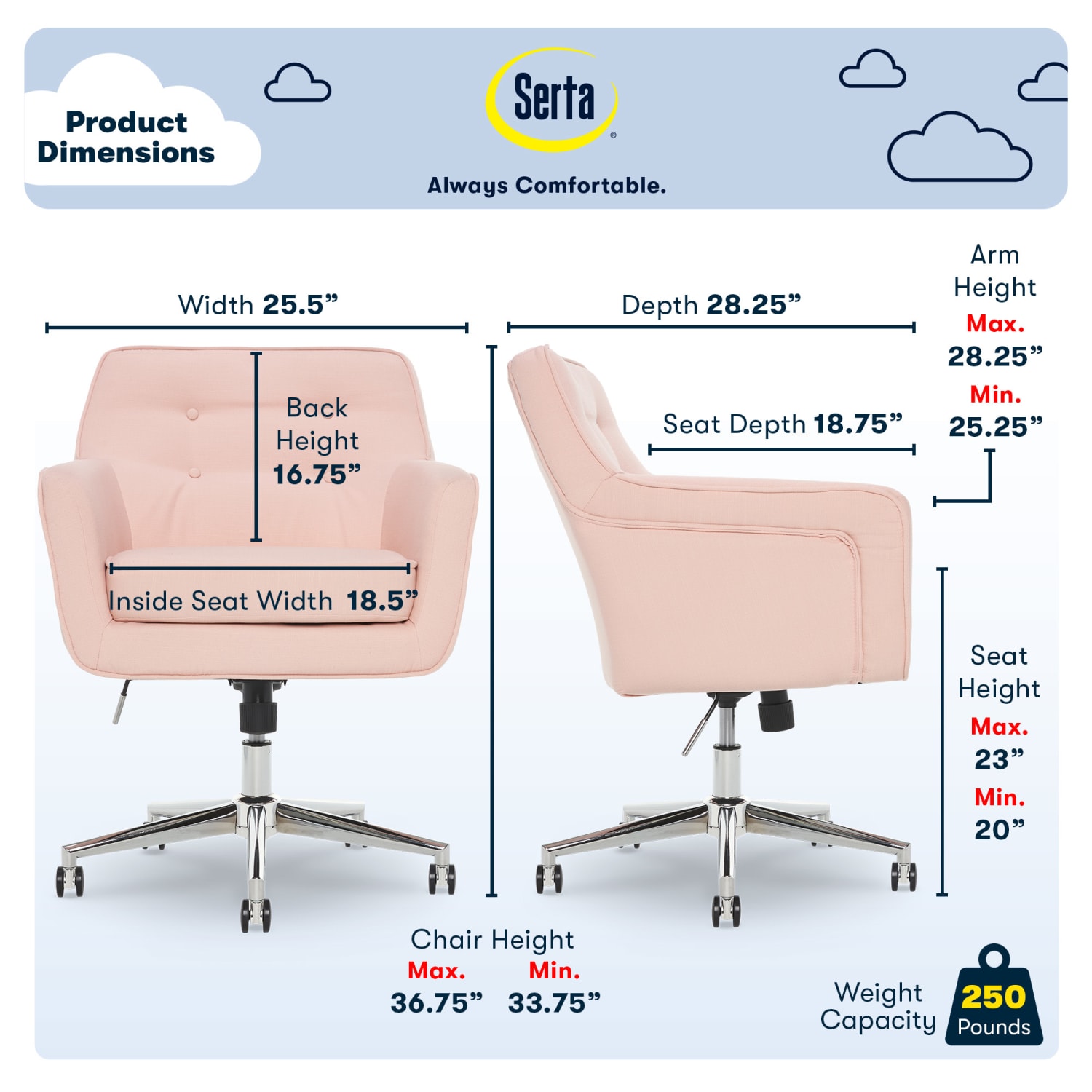 Serta Ashland Home Mid-Back Office Chair, Twill Fabric, Blush Pink/Chrome - Image 4