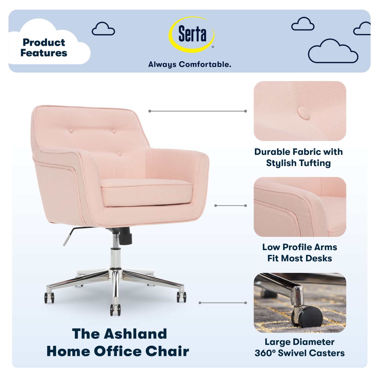 Serta Ashland Home Mid-Back Office Chair, Twill Fabric, Blush Pink/Chrome - Image 5