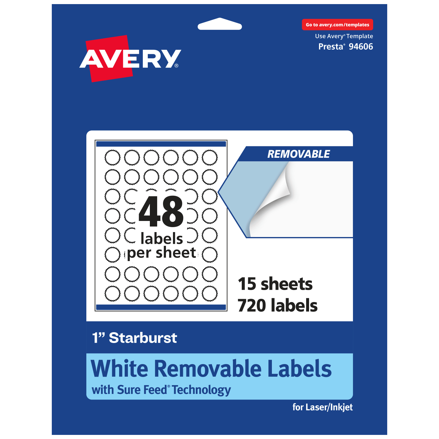 Avery Removable Labels With Sure Feed, 94606-RMP15, Starburst, 1in, White, Pack Of 720 Labels