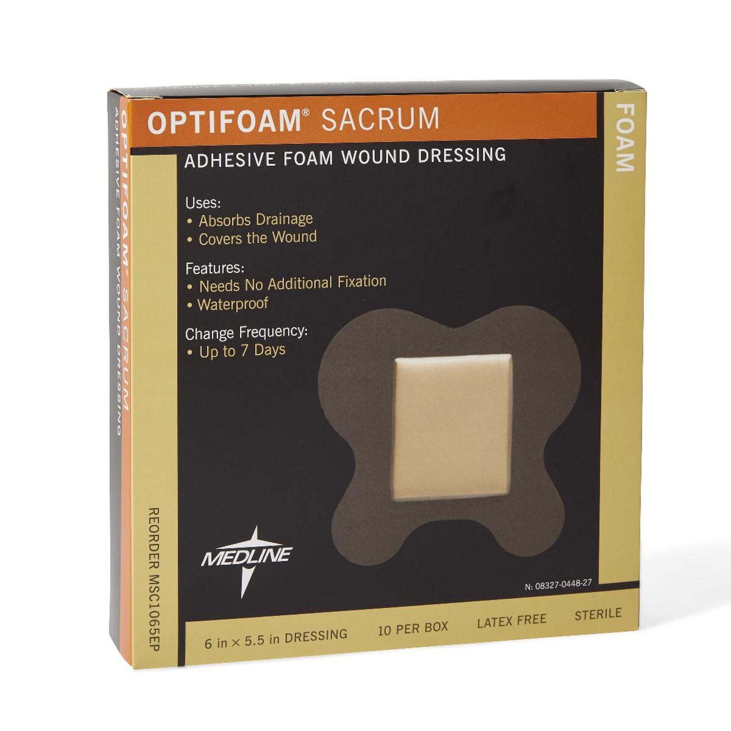 Medline Optifoam Sacral Adhesive Dressings, 6 1/8in x 5 1/2in, Tan, Pack Of 10