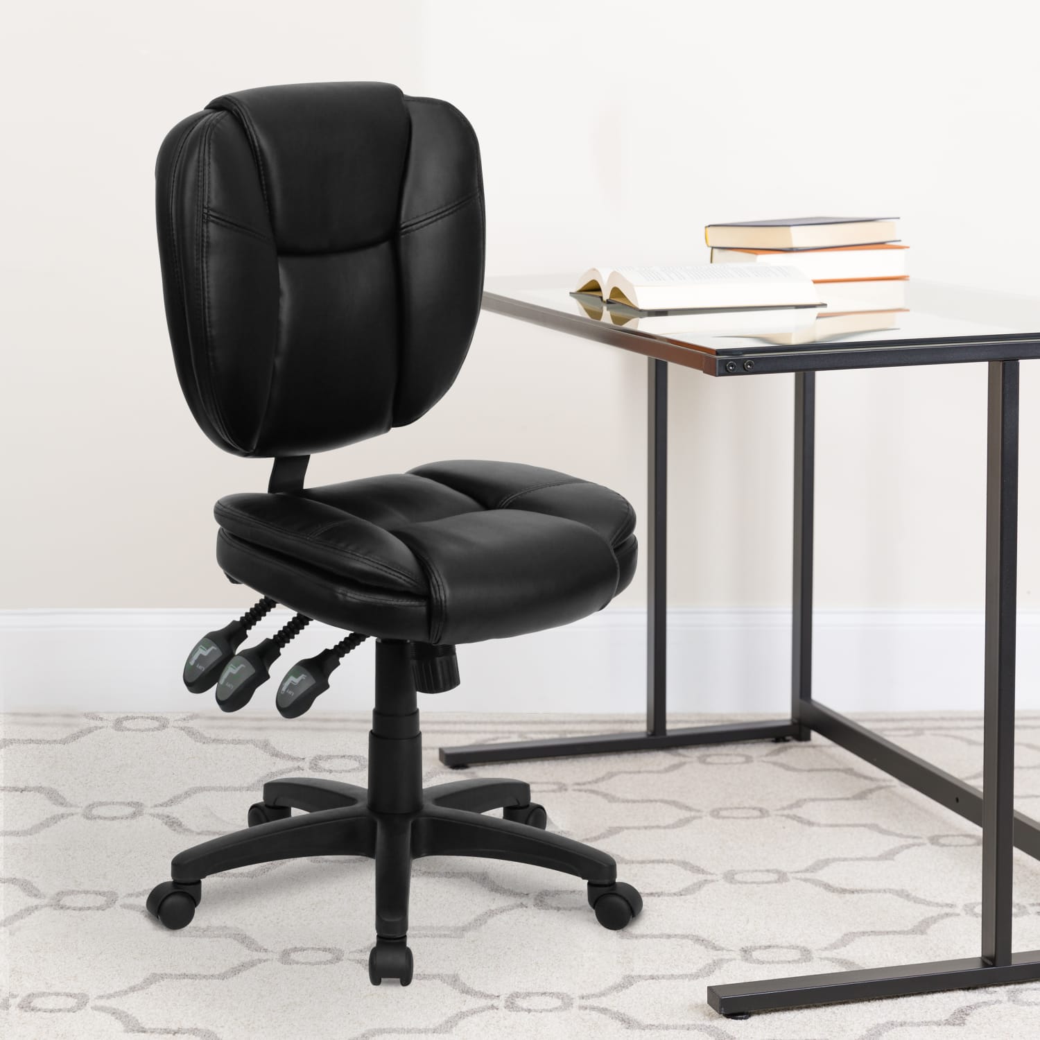 Flash Furniture LeatherSoft Faux Leather Mid-Back Multifunction Ergonomic Swivel Task Chair, Black