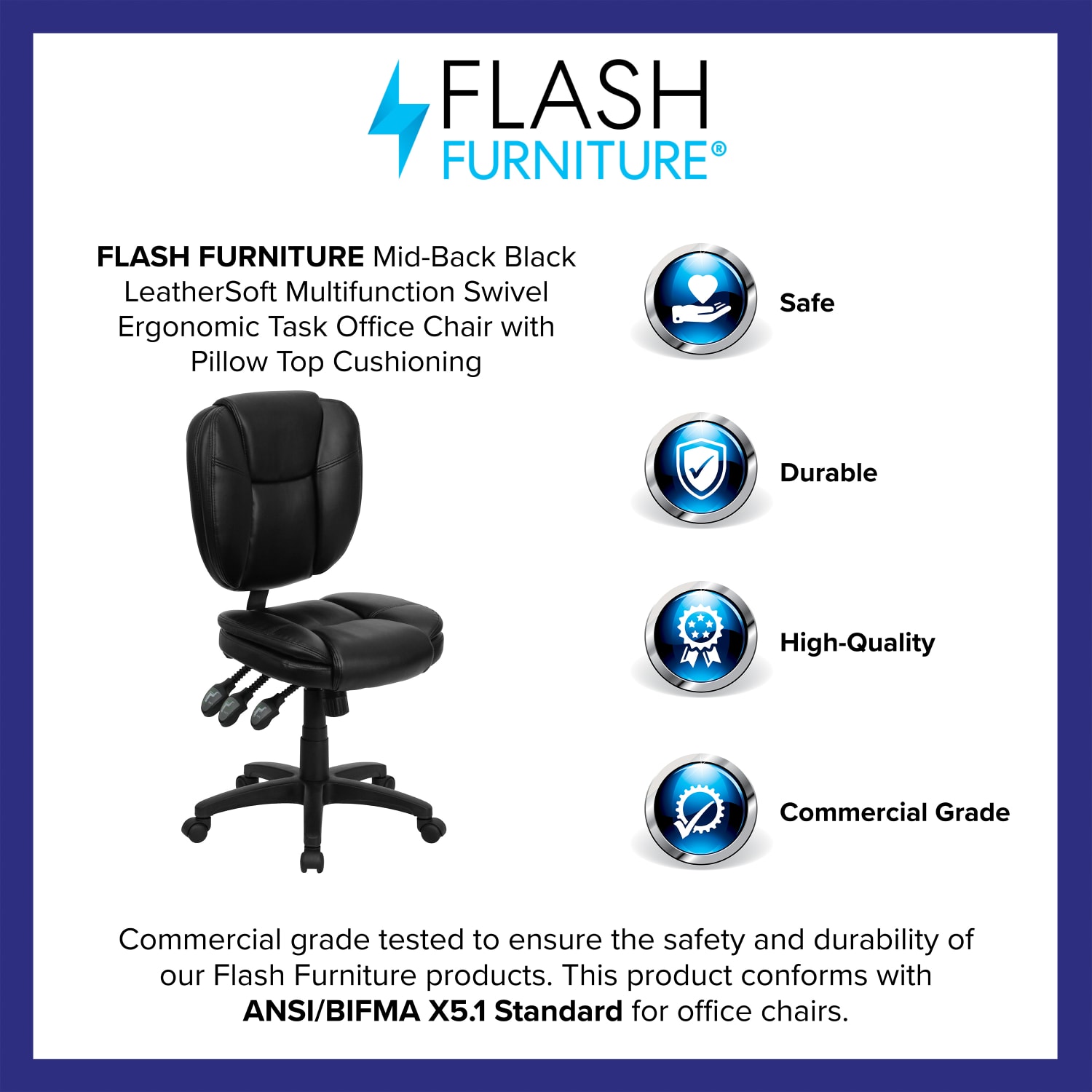 Flash Furniture LeatherSoft Faux Leather Mid Back Multifunction Ergonomic Swivel Task Chair Black PopularChairscom