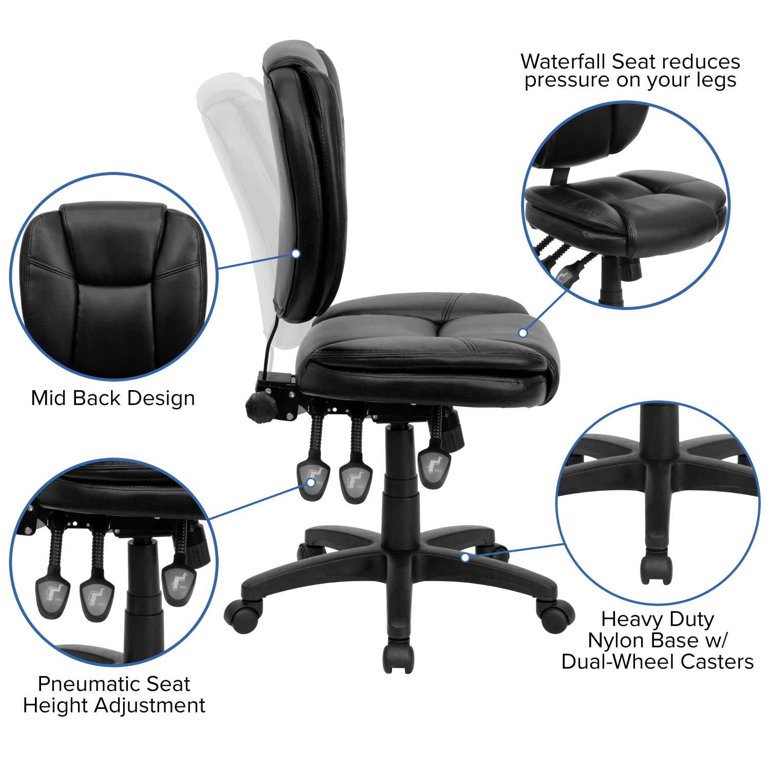 Flash Furniture LeatherSoft Faux Leather Mid Back Multifunction Ergonomic Swivel Task Chair Black PopularChairscom