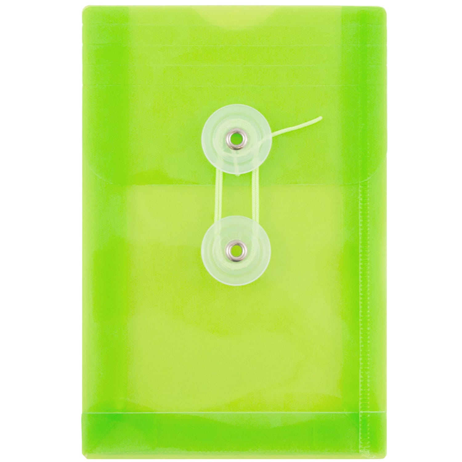 JAM Paper Index Booklet Plastic Envelopes, 4-1/4in x 6-1/4in, Button & String Closure, Green, Pack Of 12 Envelopes