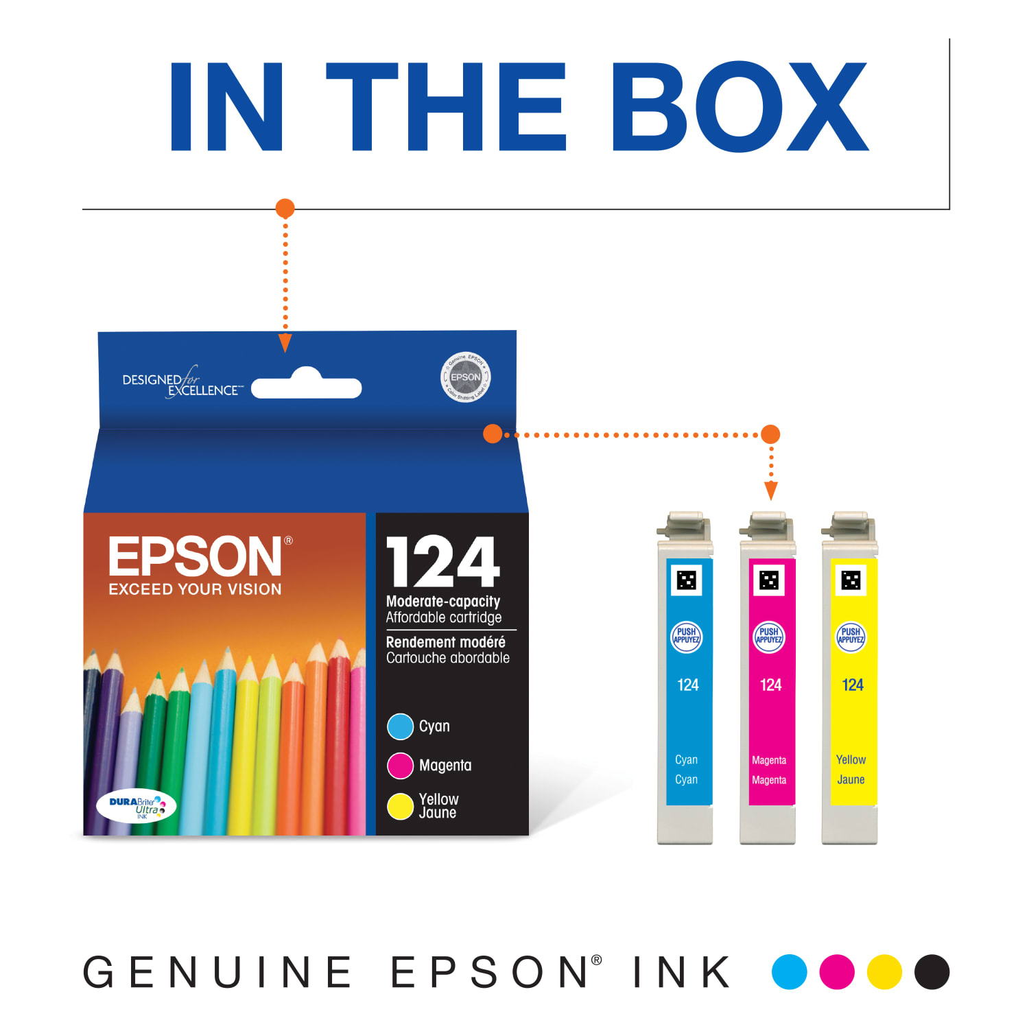Epson 124 DuraBrite Ultra Cyan, Magenta, Yellow Ink Cartridges, Pack Of 3, T124520 - Image 3