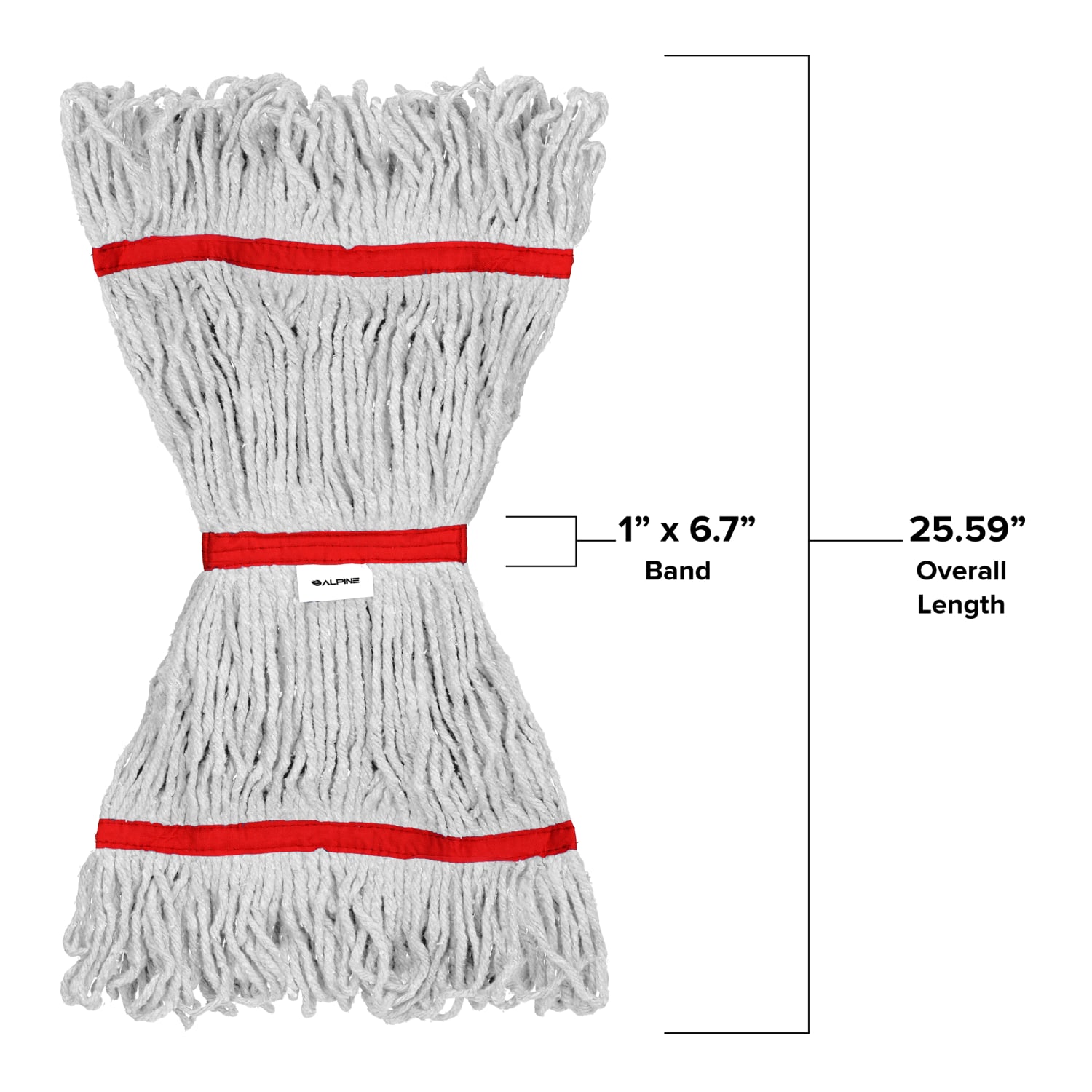 Alpine Industries Cotton Loop-End Mop Heads With 1in Head And Tail Bands, 16 Oz, White/Red, Set Of 12 Heads - Image 5