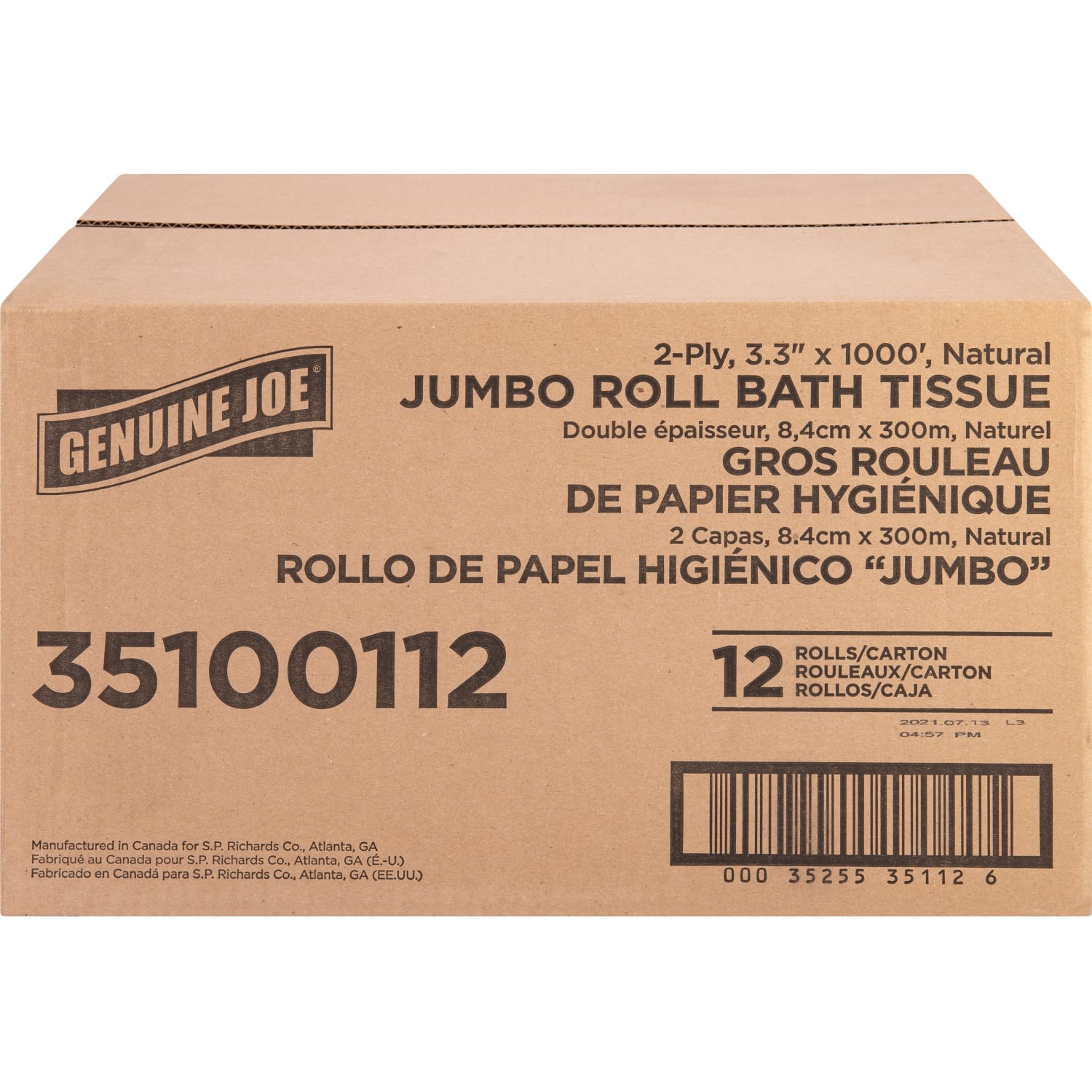 Genuine Joe Jumbo Jr Dispenser Bath Tissue Roll - 2 Ply - 3.30in Width x 1000 ft Length - 8.88in Roll Diameter - White - Fiber - 12 / Carton - Image 3