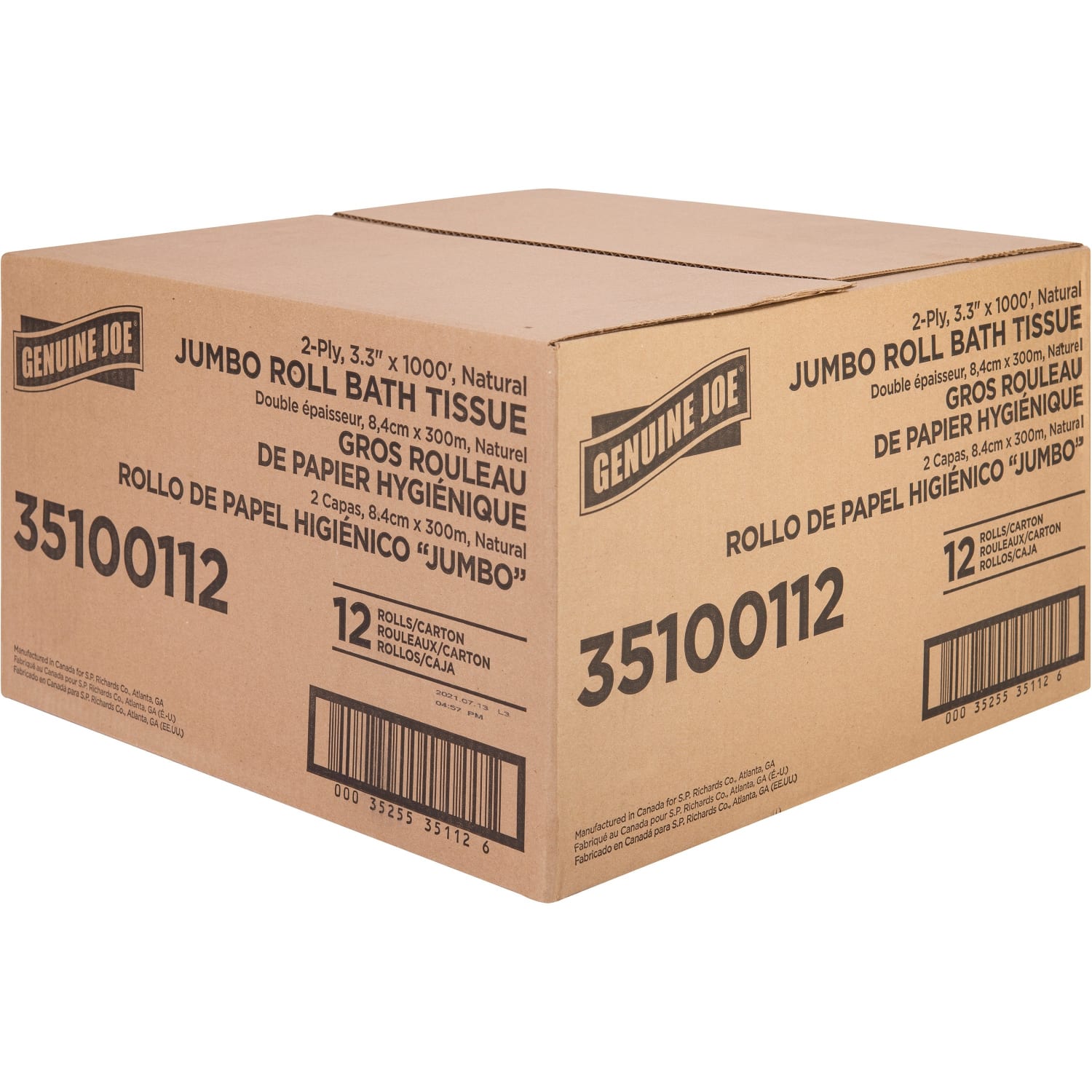 Genuine Joe Jumbo Jr Dispenser Bath Tissue Roll - 2 Ply - 3.30in Width x 1000 ft Length - 8.88in Roll Diameter - White - Fiber - 12 / Carton - Image 4