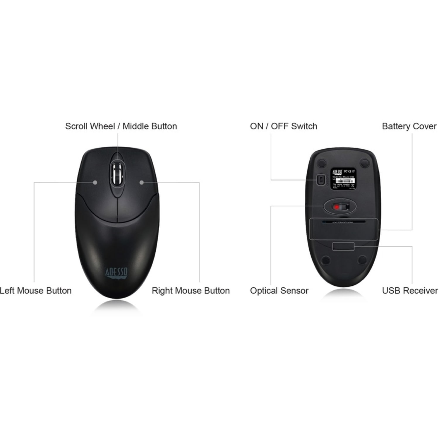 Adesso Antimicrobial Wireless Desktop Mouse - Optical - Wireless - 30 ft - Radio Frequency - 2.40 GHz - Black - USB Type A - 1200 dpi - Scroll Wheel - 3 Button(s) - Symmetrical - 2 x AAA Battery Supported - Image 3