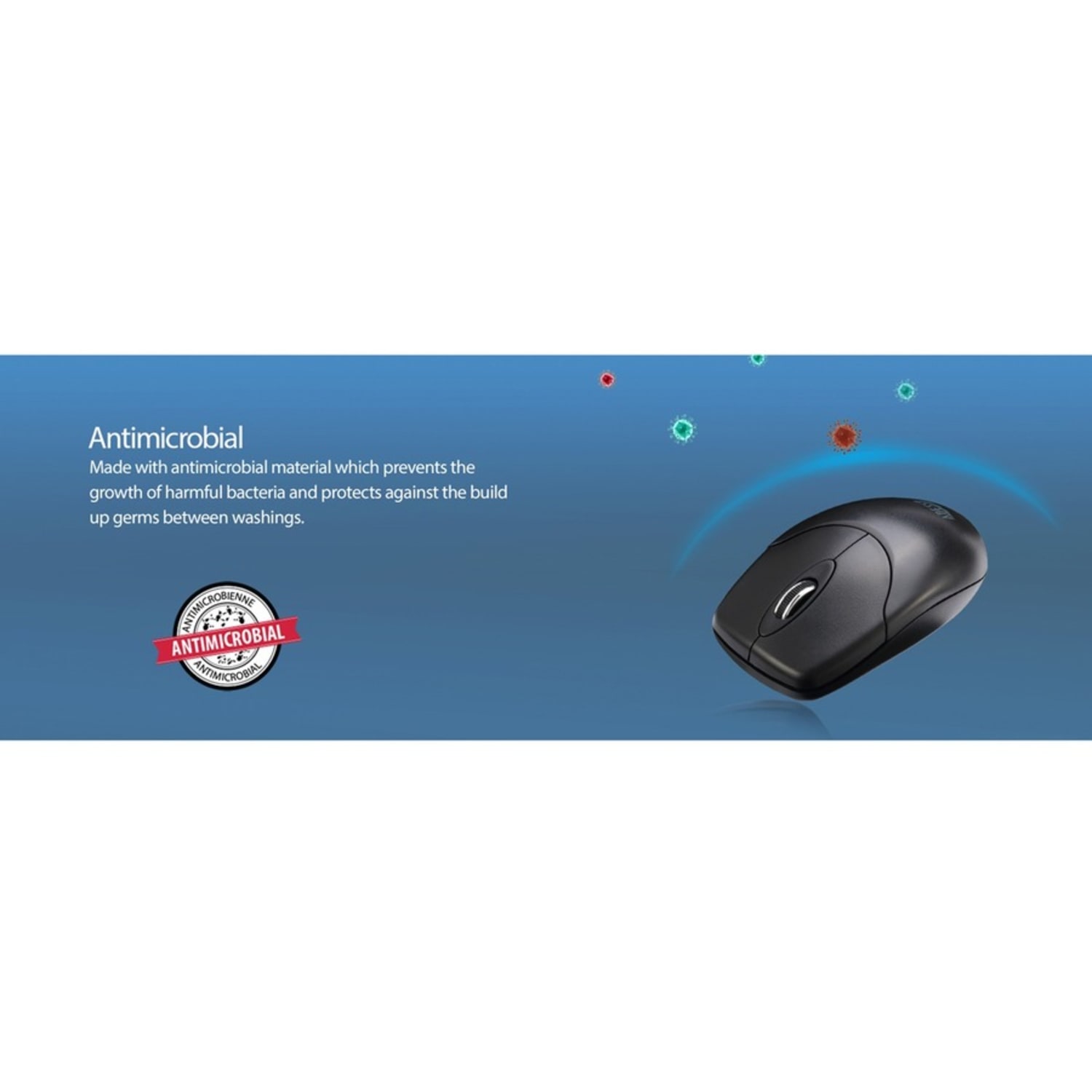 Adesso Antimicrobial Wireless Desktop Mouse - Optical - Wireless - 30 ft - Radio Frequency - 2.40 GHz - Black - USB Type A - 1200 dpi - Scroll Wheel - 3 Button(s) - Symmetrical - 2 x AAA Battery Supported - Image 4