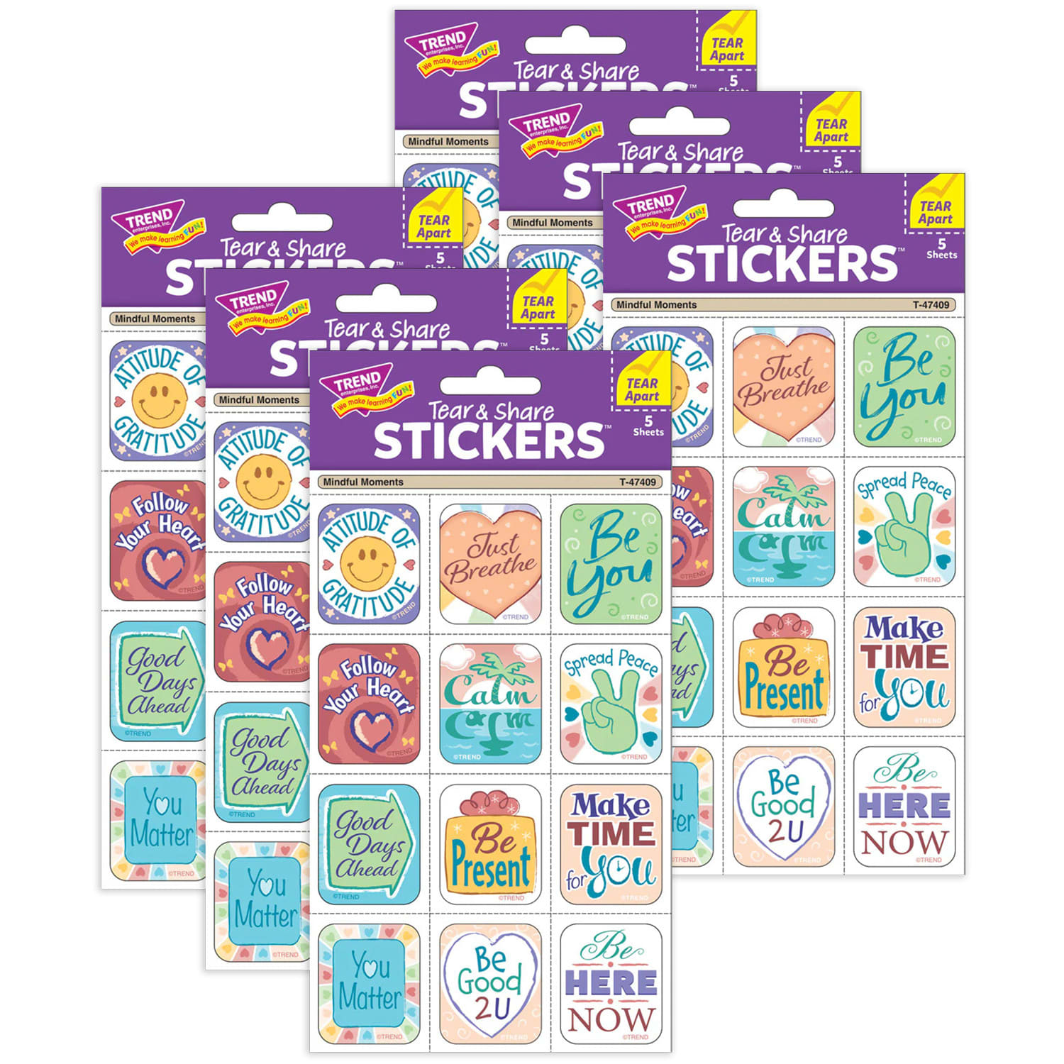 TREND Tear & Share Stickers Mindful Moments, 60 Per Pack, Set Of 6 Packs