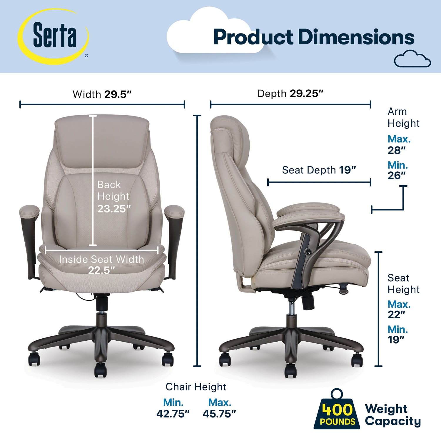 Serta SmartLayers Everett Big & Tall Ergonomic Vegan Leather High-Back Executive Office Chair, Taupe/Dark Gray, BIFMA Compliant - Image 3