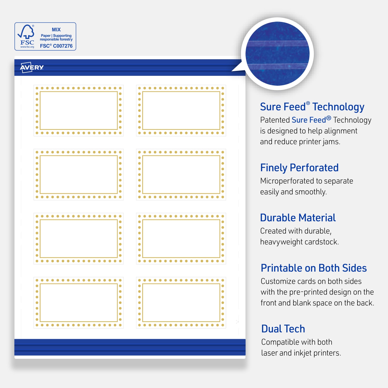Avery Printable Cards With Sure Feed Technology, 2in x 3-1/2in, Matte White With Preprinted Gold Dot Border, Pack Of 80 - Image 5
