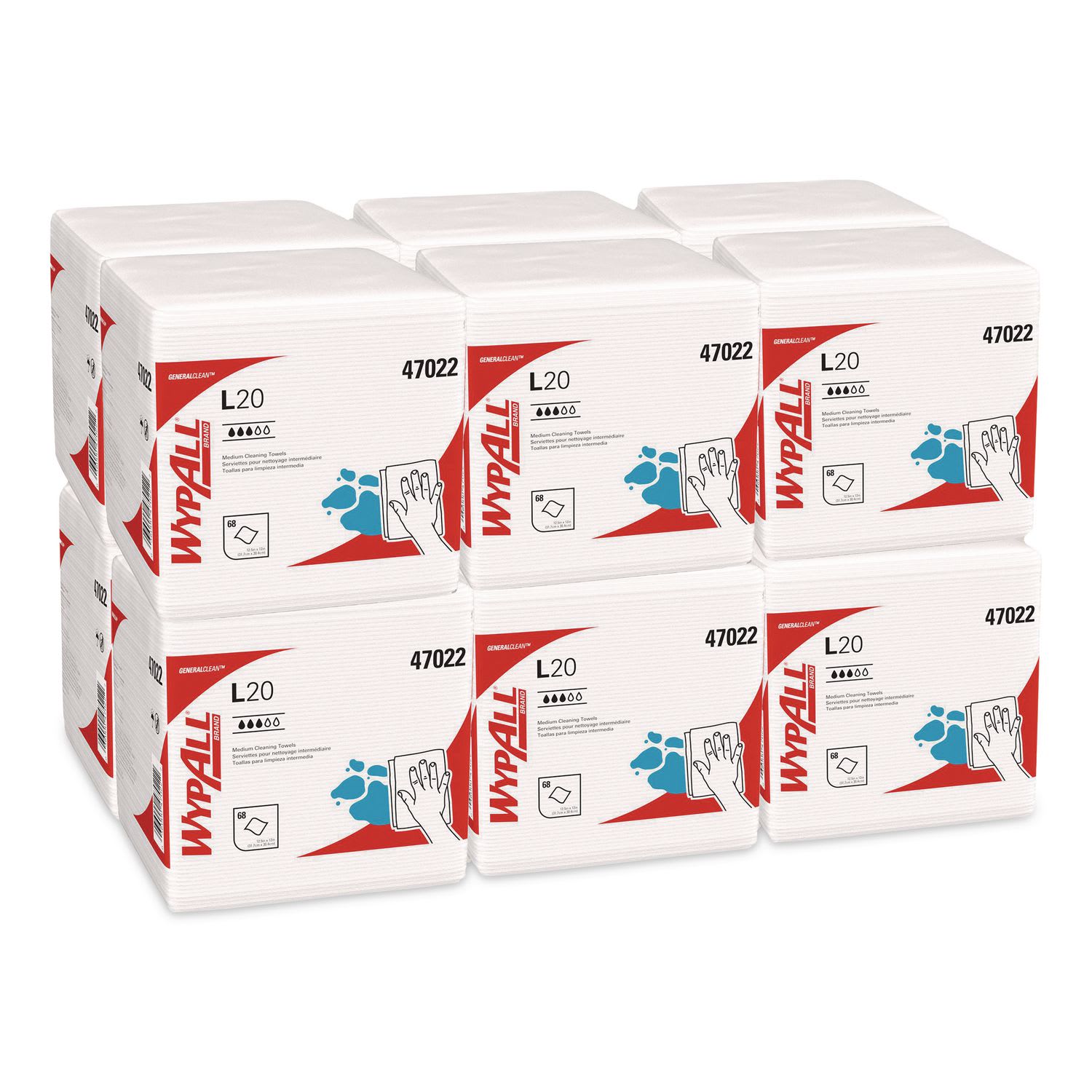 WypAll L20 Towels, 1/4 Fold, 4-Ply, 12.5 x 13, Unscented, White, 68/Pack, 12 Packs/Carton