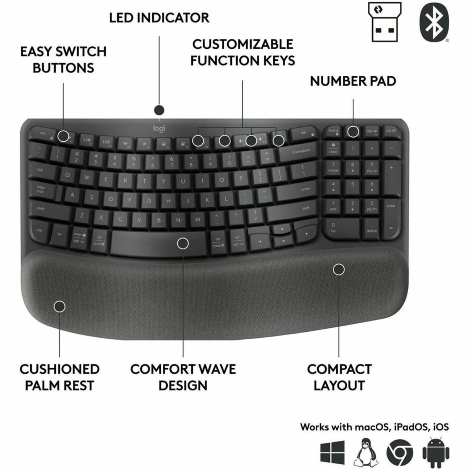 Logitech Wave Keys for Business, Wireless Ergonomic Keyboard with Cushioned Palm Rest, Logi Bolt Technology, Graphite - 920012058 - Image 5