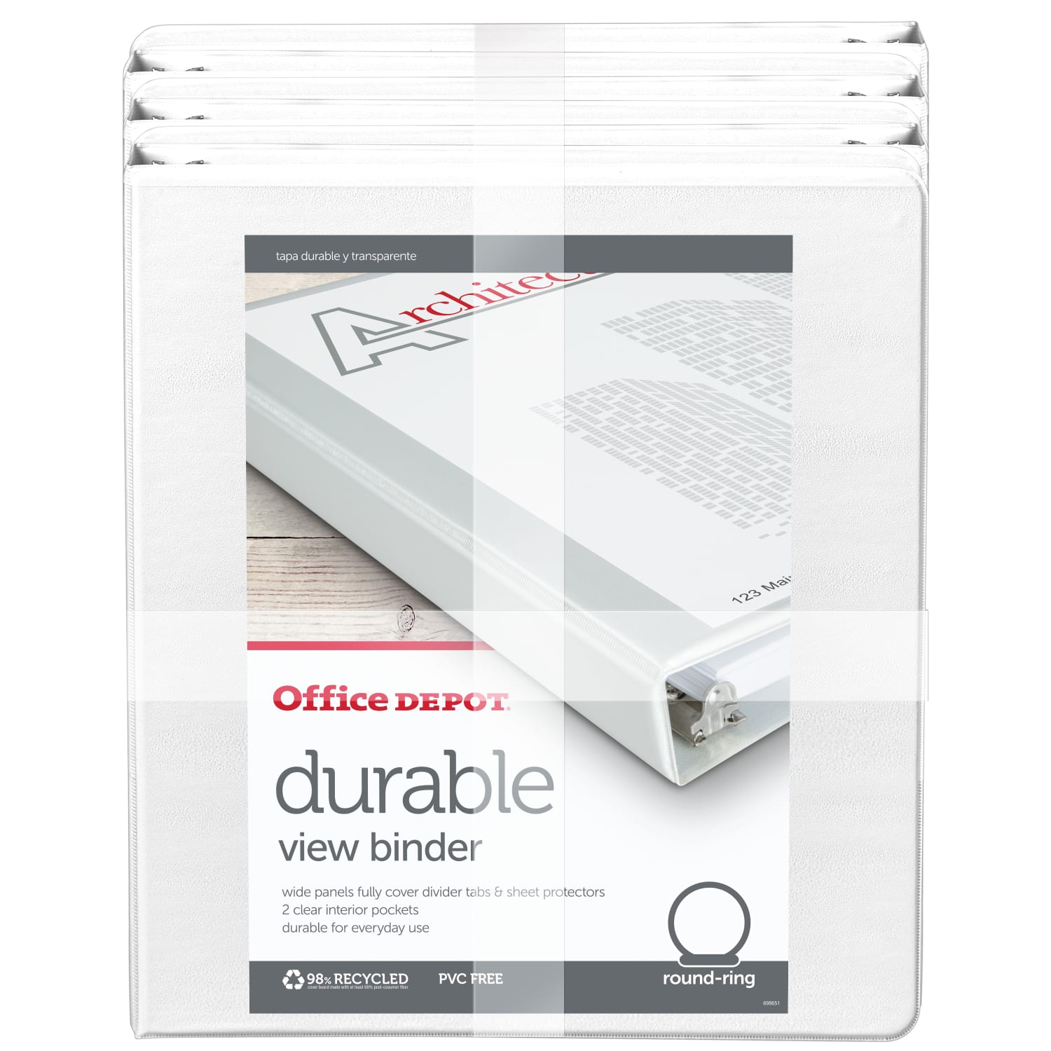Office Depot Brand Durable View 3-Ring Binder, 1in Round Rings, White, Pack Of 6 - Image 3