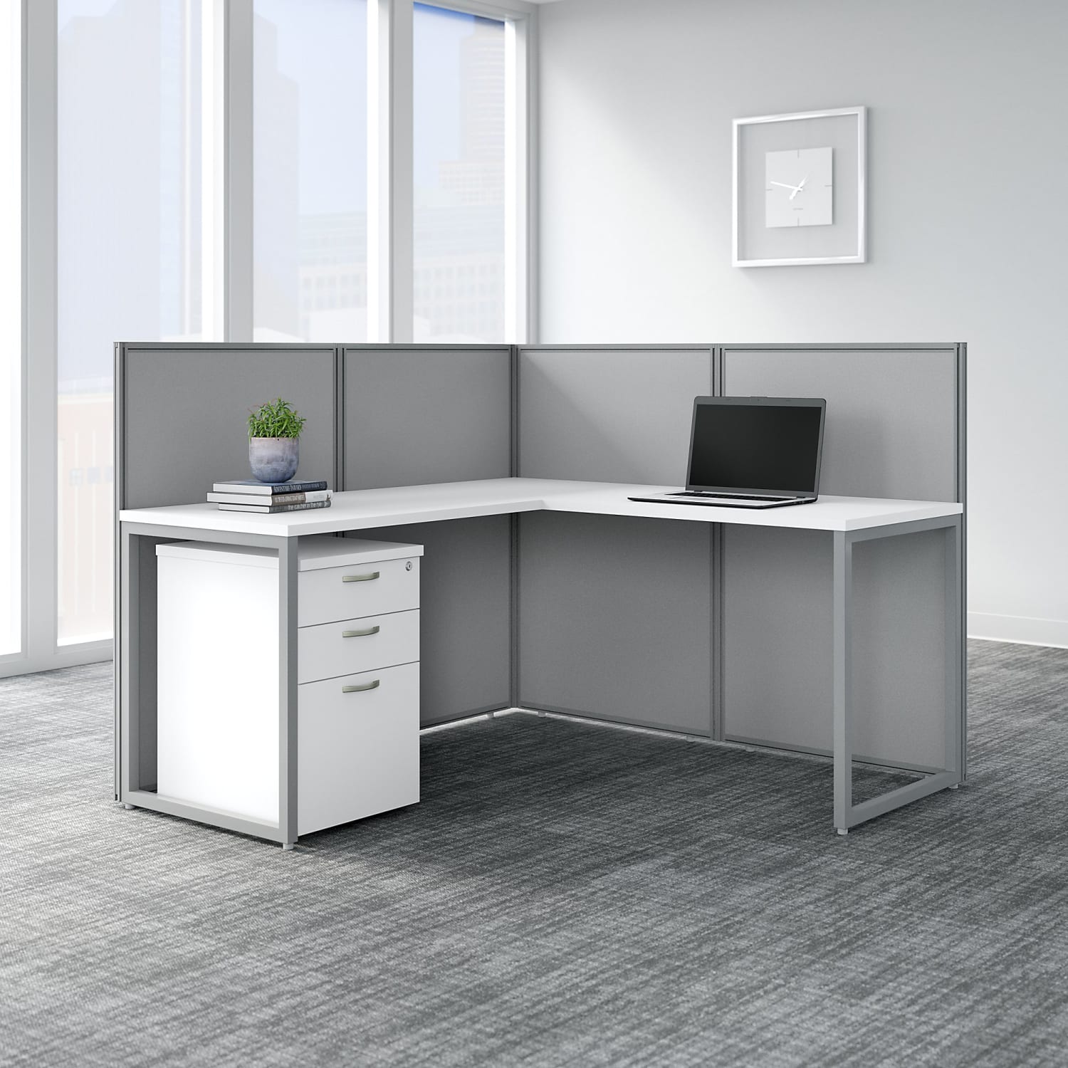 Bush Business Furniture Easy Office 60inW 1-Person L-Shaped Cubicle Desk Workstation With 45inH Panels And File Cabinet, Pure White/Silver Gray, Standard Delivery - Image 3