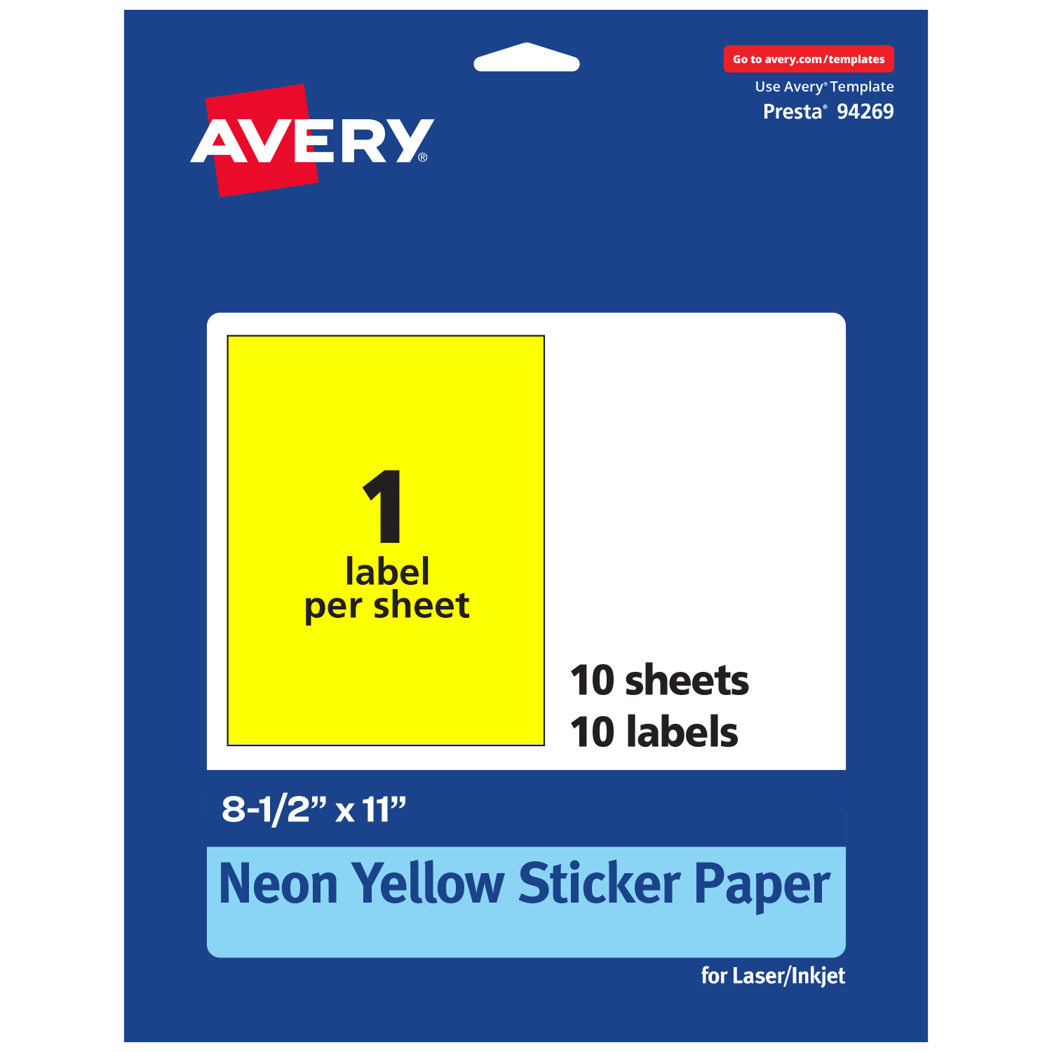 Avery Printable Sticker Paper, 94269-NYP10, Rectangle, 8-1/2in x 11in, Matte Neon Yellow, Pack of 10