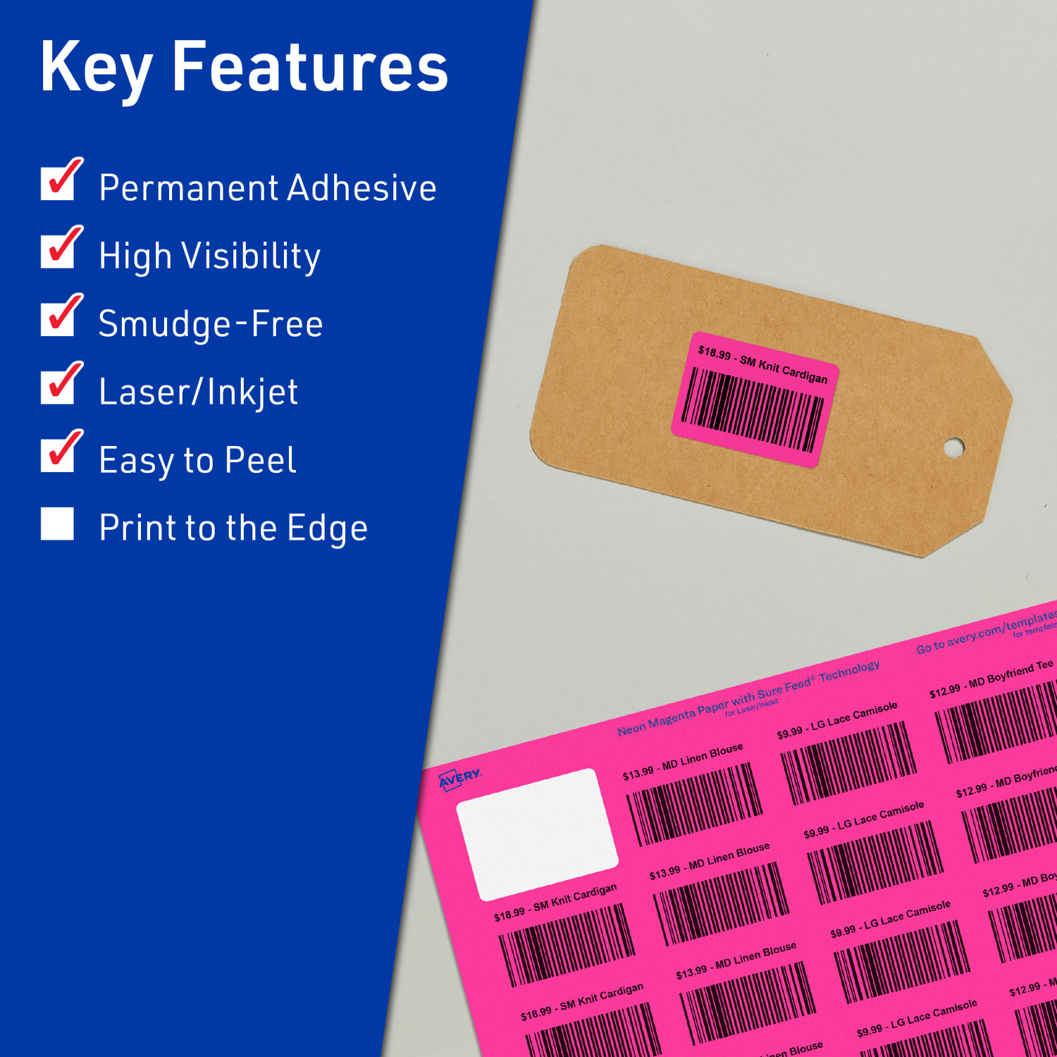 Avery Printable Labels With Sure Feed Technology, 94226-NMP20, Rectangle, 1-1/4in x 1-3/4in, Matte Neon Magenta, Pack of 640 - Image 3