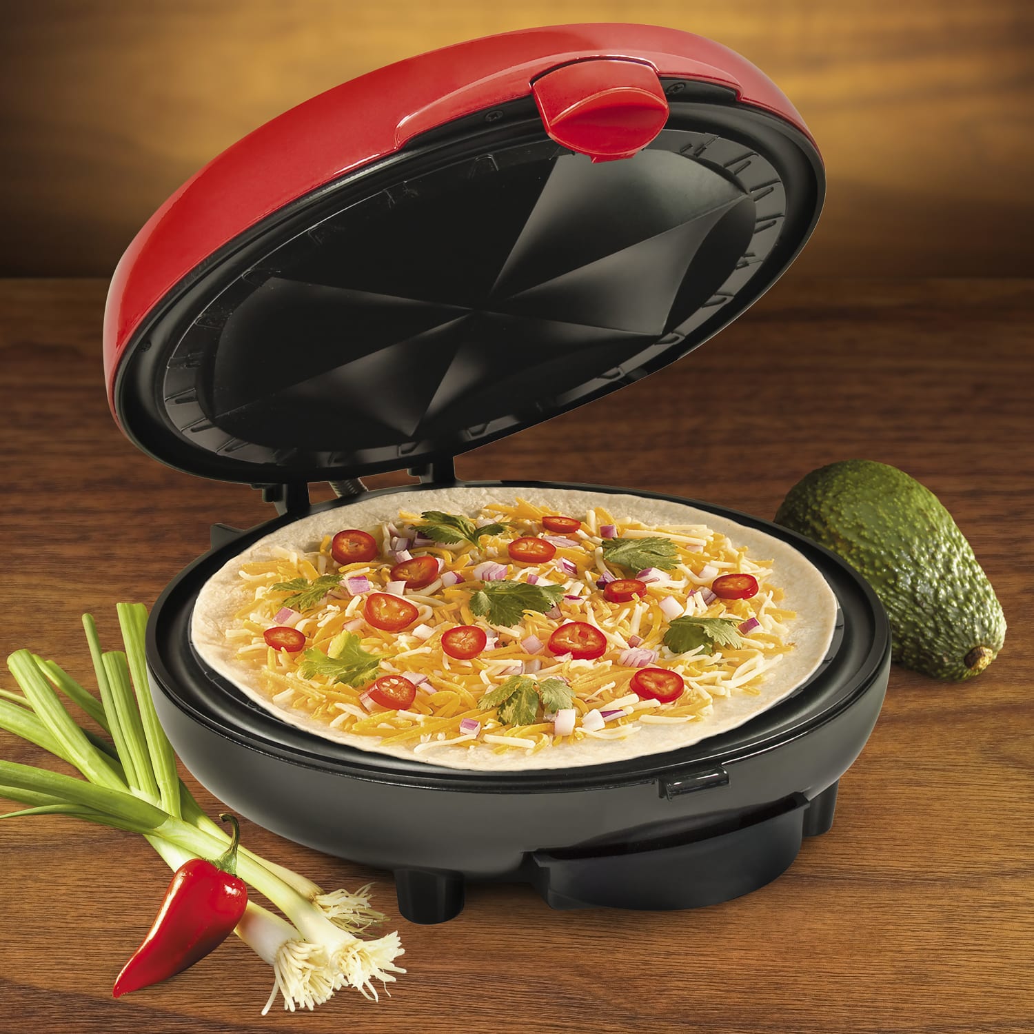 Taco Tuesday 6-Wedge Electric Quesadilla Maker With Extra Stuffing Latch, 5in x 9-1/2in x 11in, Red - Image 4