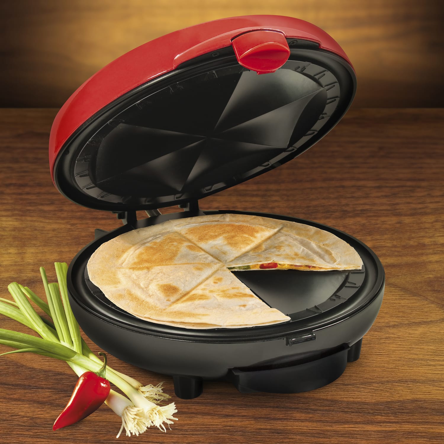 Taco Tuesday 6-Wedge Electric Quesadilla Maker With Extra Stuffing Latch, 5in x 9-1/2in x 11in, Red - Image 5