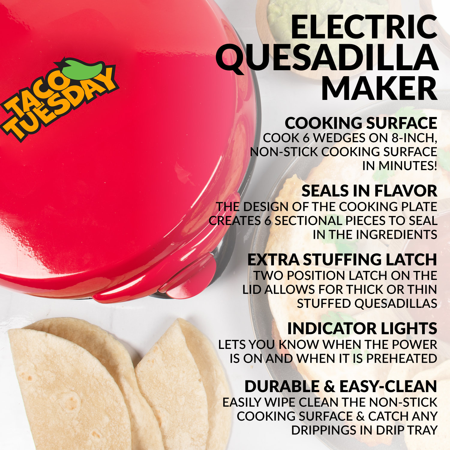 Taco Tuesday 6-Wedge Electric Quesadilla Maker With Extra Stuffing Latch, 5in x 9-1/2in x 11in, Red - Image 6
