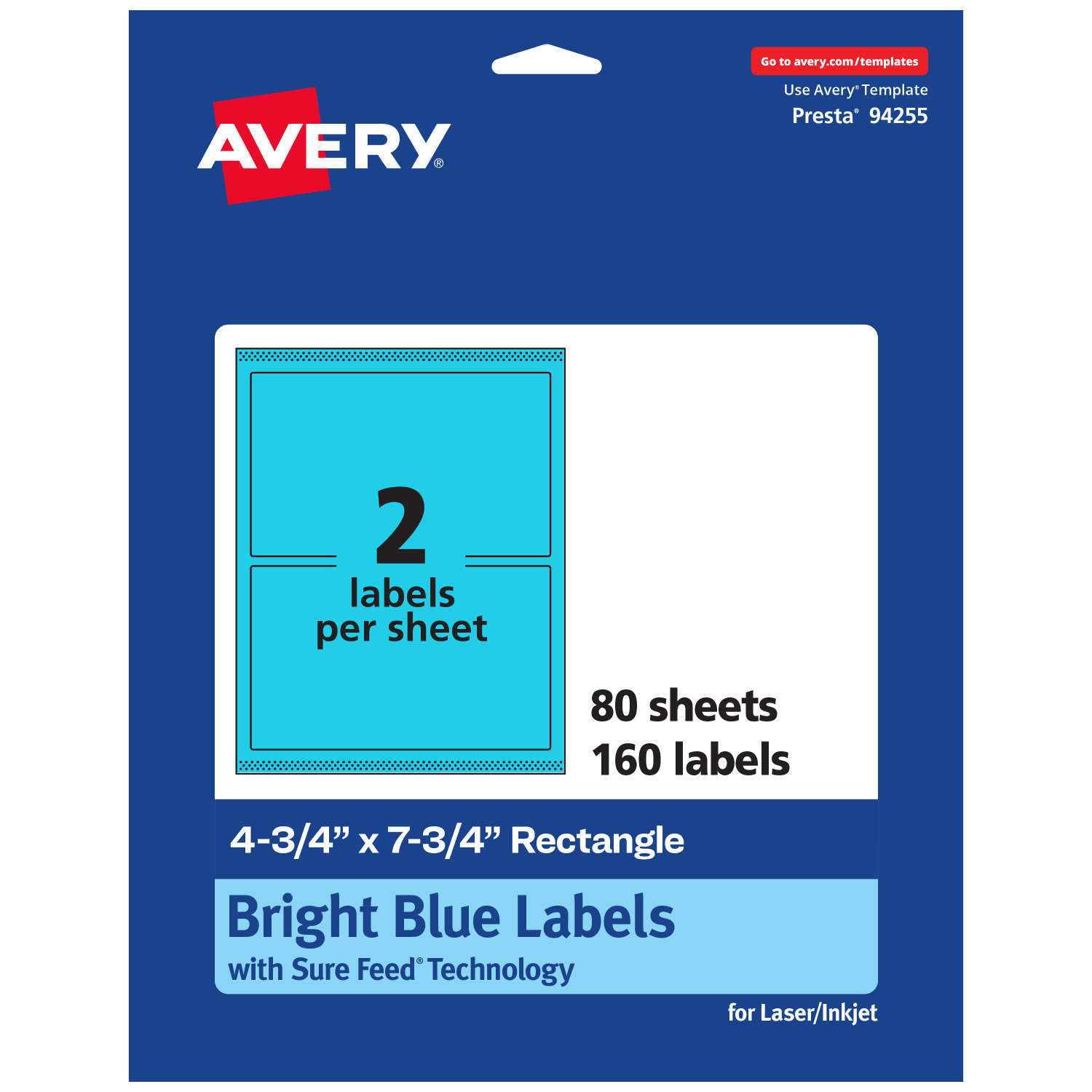 Avery Print-To-The-Edge Labels With Sure Feed Technology And Easy Peel, 94255-BBP80, Rectangle, 4-3/4in x 7-3/4in, Matte Bright Blue, Pack of 160
