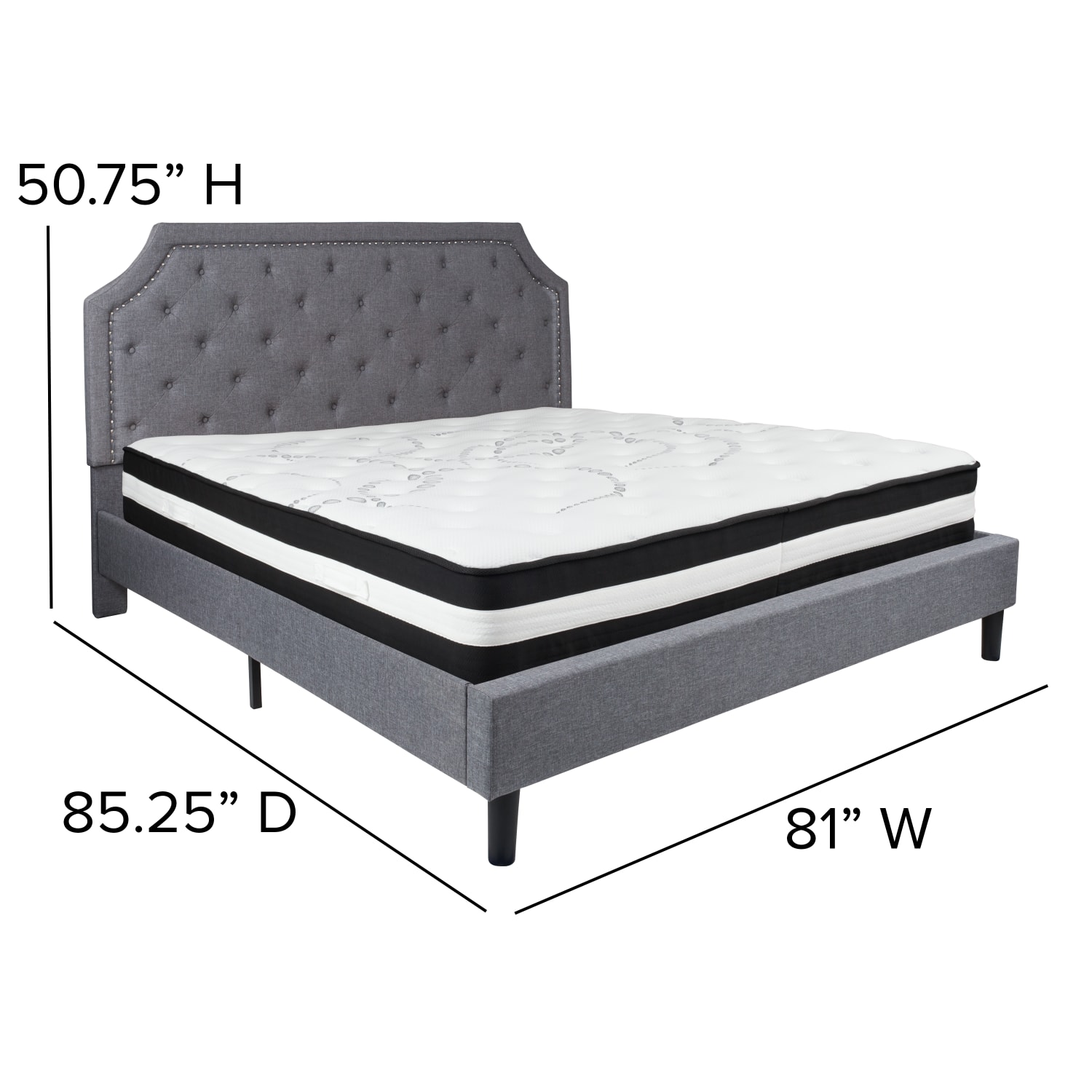 Flash Furniture Brighton Arched Tufted Upholstered Platform Bed And Pocket Spring Mattress, King, Light Gray - Image 5