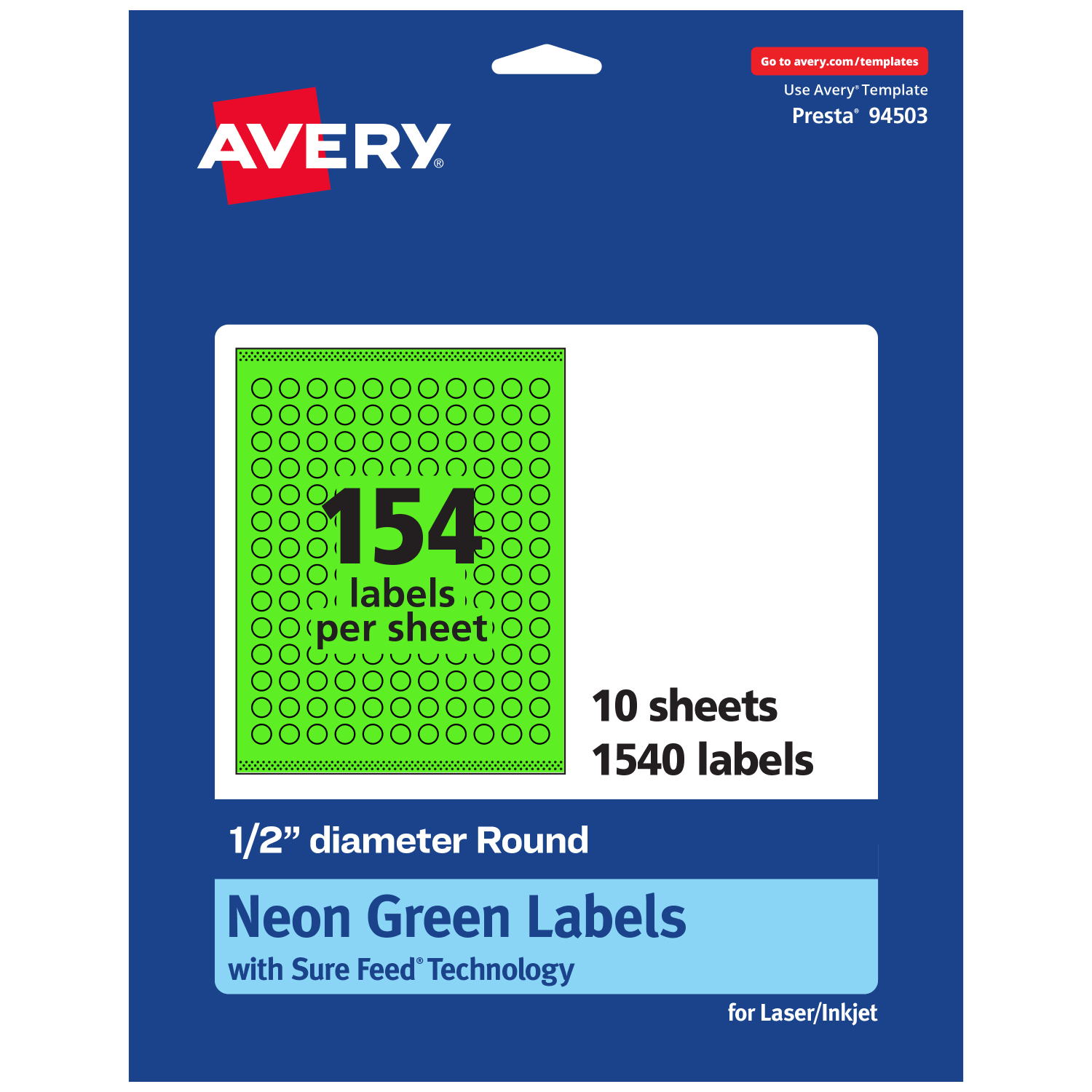 Avery Print-To-The-Edge Labels With Sure Feed Technology, 94503-NGP10, Round, 1/2in, Matte Neon Green, Pack of 1540