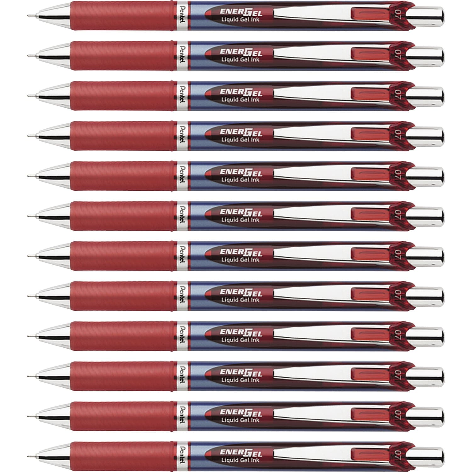 Pentel EnerGel RTX Liquid Gel Pens, Pack Of 12, Medium Point, 0.7 mm, Blue Barrel, Red Ink