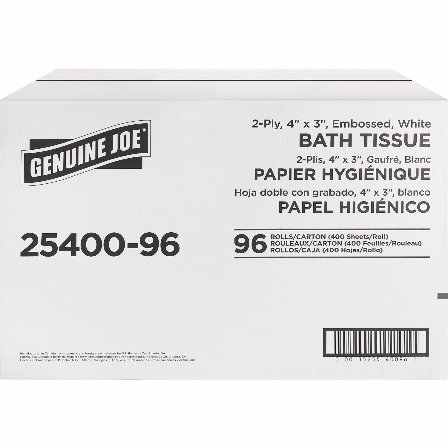 Genuine Joe 2-ply Standard Bath Tissue Rolls - 2 Ply - 3in Width x 4in Length - 400 Sheets/Roll - 1.63in Core - White - 96 / Carton - Image 3