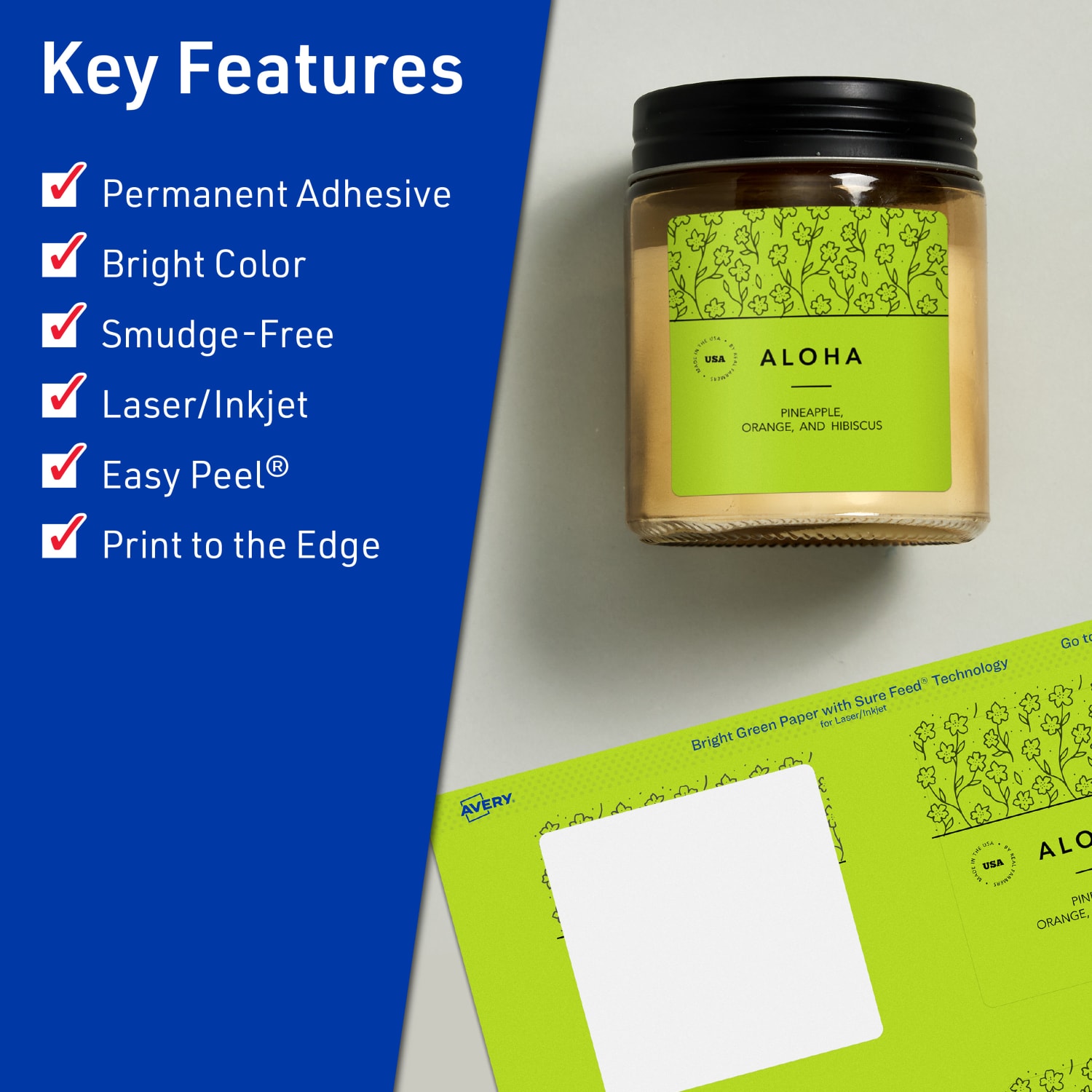 Avery Print-To-The-Edge Labels With Sure Feed Technology And Easy Peel Label Feature, 94101-BGP10, Square, 3in x 3in, Matte Bright Green, Pack of 60 - Image 3