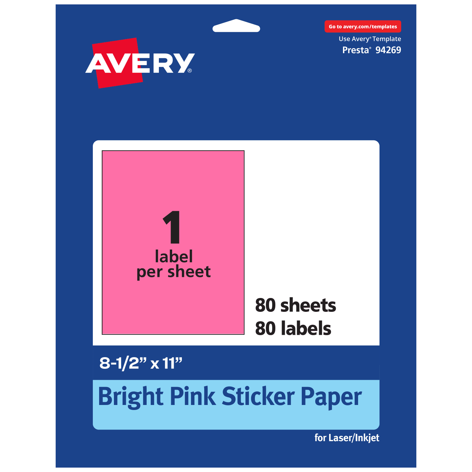 Avery Printable Sticker Paper, 94269-BPP80, Rectangle, 8-1/2in x 11in, Matte Bright Pink, Pack of 80