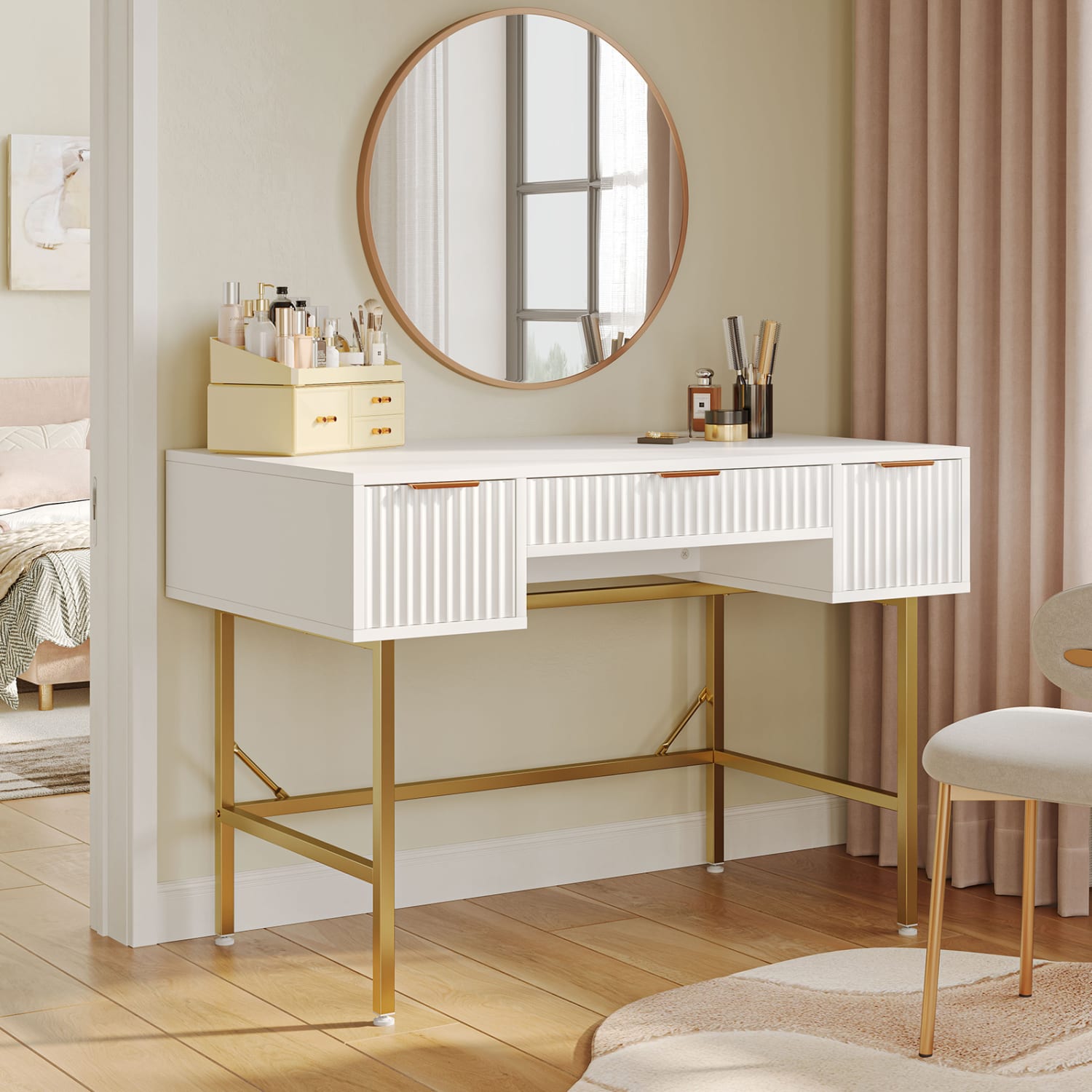 Bestier 47.6inW Fluted Computer Writing Desk with Storage, Office Desk with Gold Legs and Drawers, Stylish Writing Desk for Home Office, White - Image 6