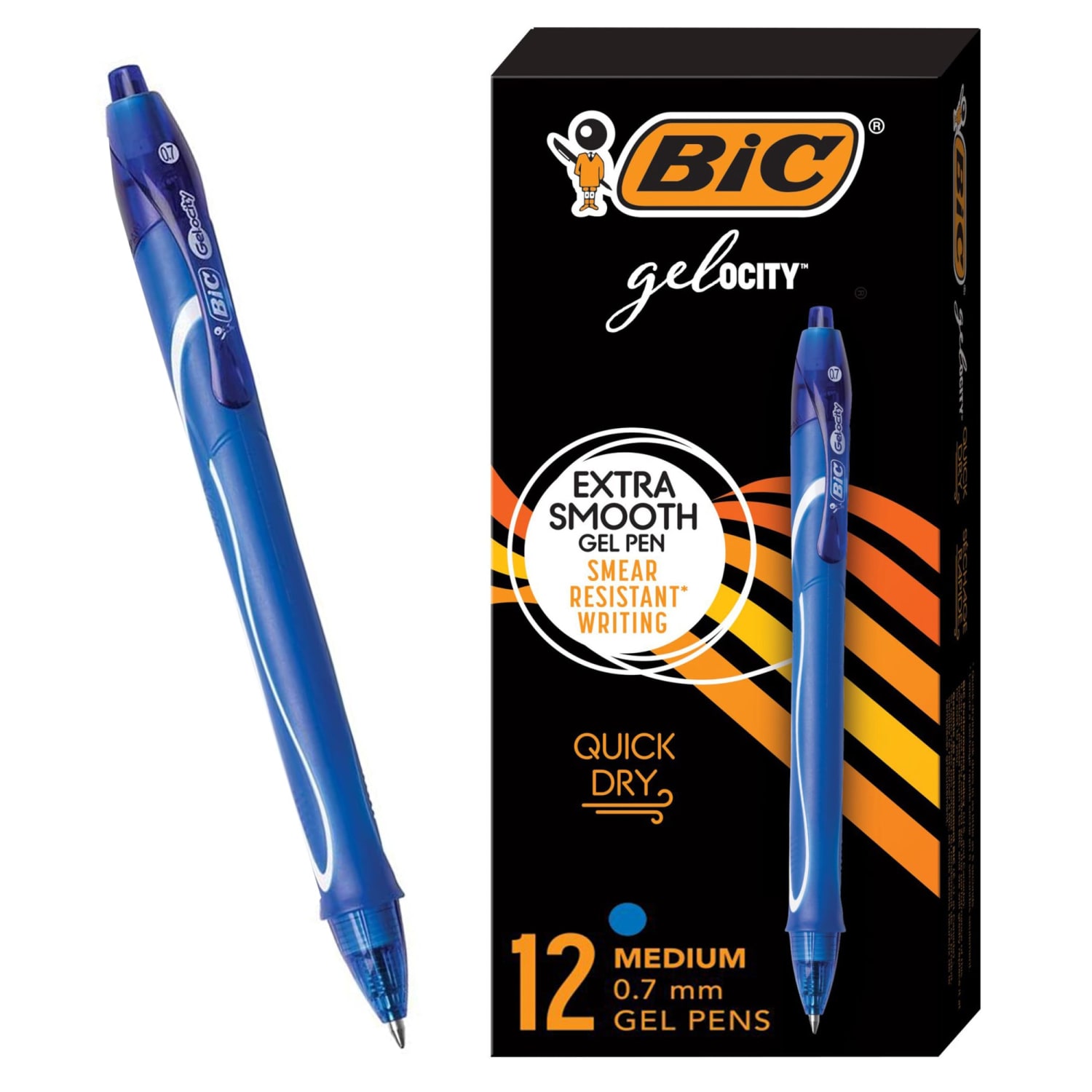 BIC Gelocity Quick Dry Retractable Gel Pens, Medium Point, 0.7 mm, Blue Barrel, Blue Ink, Pack Of 12