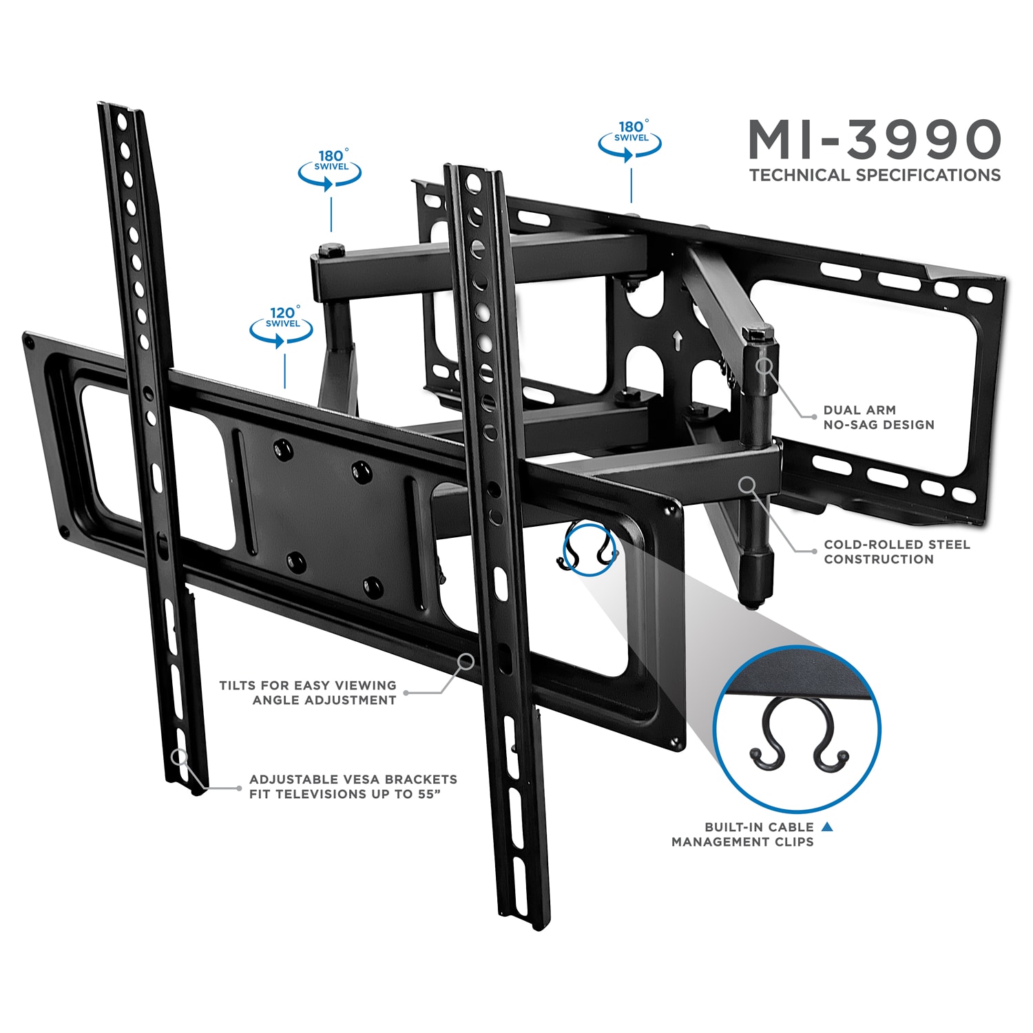 Mount-It! Full-Motion Wall Mount For 32 - 55in TVs, 11inH x 10inW x 2-1/8inD, Black - Image 4
