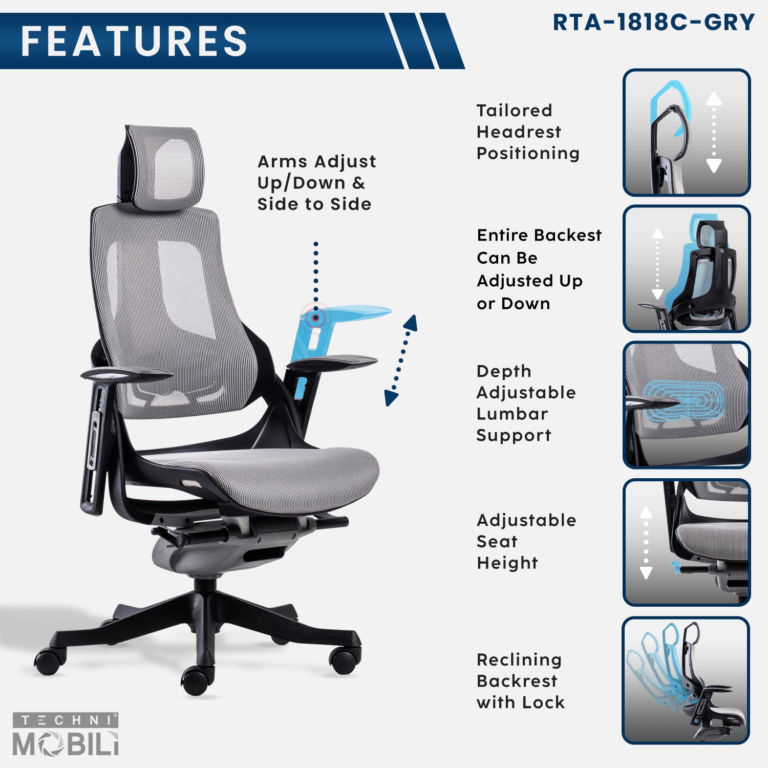 Techni Mobili Ergonomic Mesh High-Back Executive Office Chair, Gray, RTA1818CGRY - Image 4