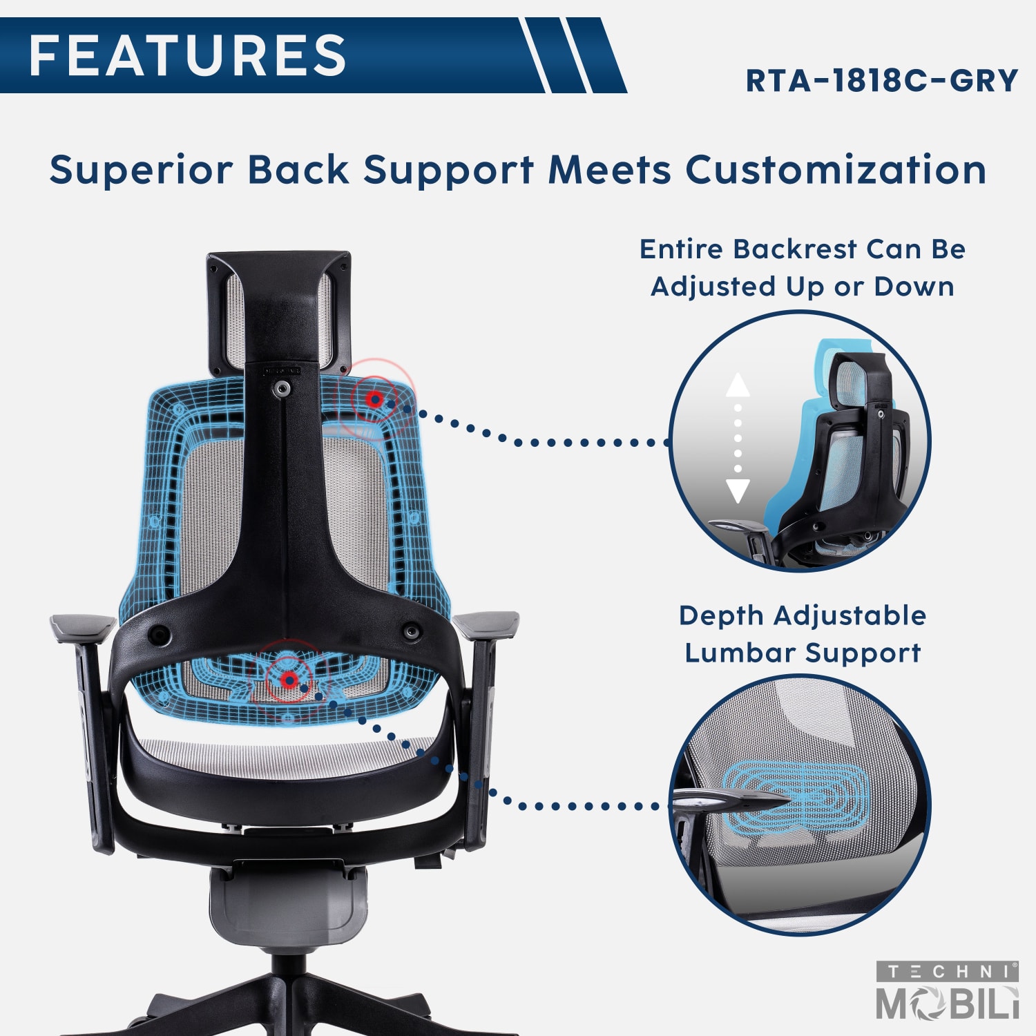 Techni Mobili Ergonomic Mesh High-Back Executive Office Chair, Gray, RTA1818CGRY - Image 5