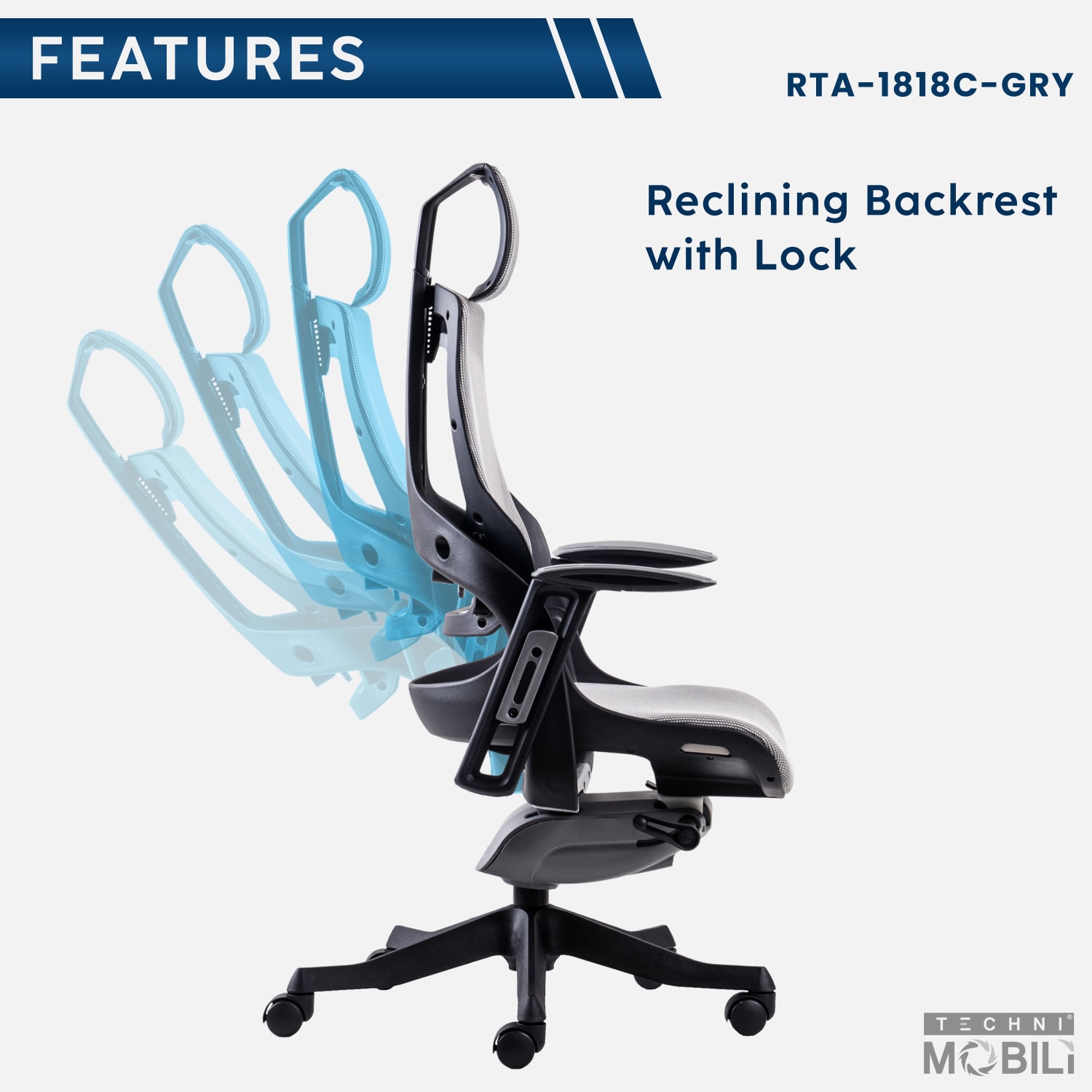 Techni Mobili Ergonomic Mesh High-Back Executive Office Chair, Gray, RTA1818CGRY - Image 6