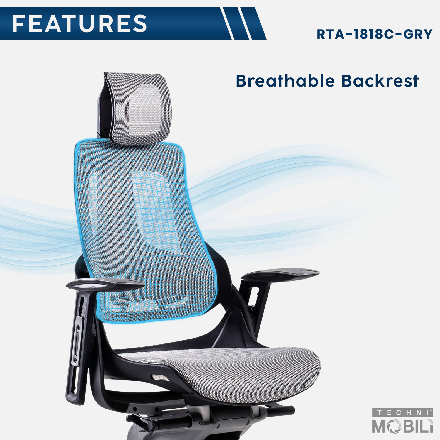 Techni Mobili Ergonomic Mesh High-Back Executive Office Chair, Gray, RTA1818CGRY - Image 8