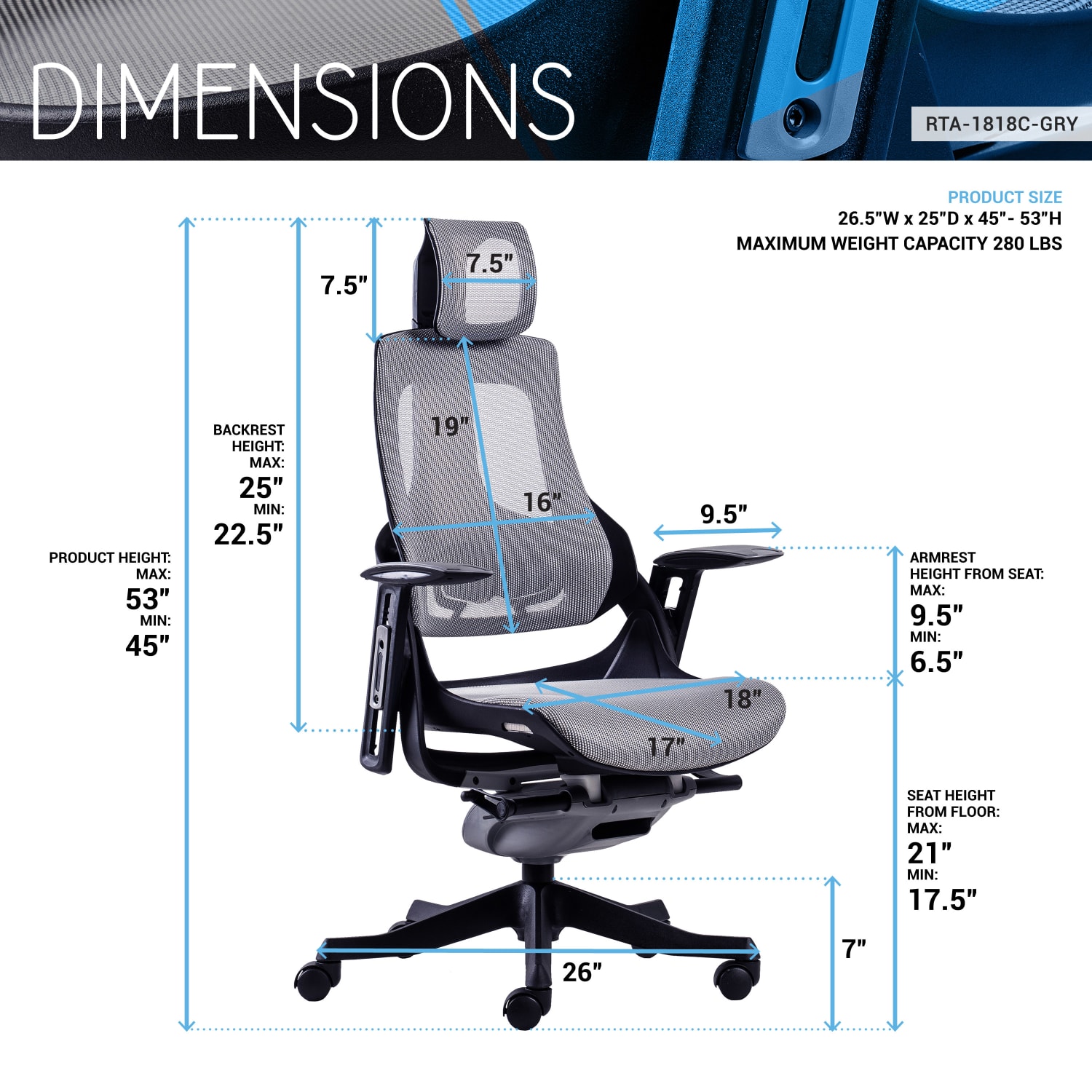 Techni Mobili Ergonomic Mesh High-Back Executive Office Chair, Gray, RTA1818CGRY - Image 9