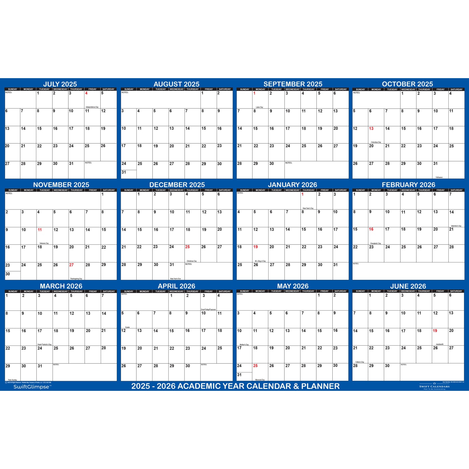 2025-2026 SwiftGlimpse Academic Erasable Monthly Wall Calendar, 48in x 72in, White/Navy, July 2025 To June 2026 - Image 3
