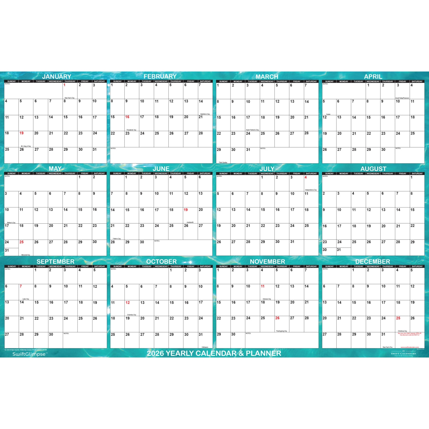 2026 SwiftGlimpse Designer Wall Calendar, 24in x 36in, Turquoise Cool Green/White, January To December