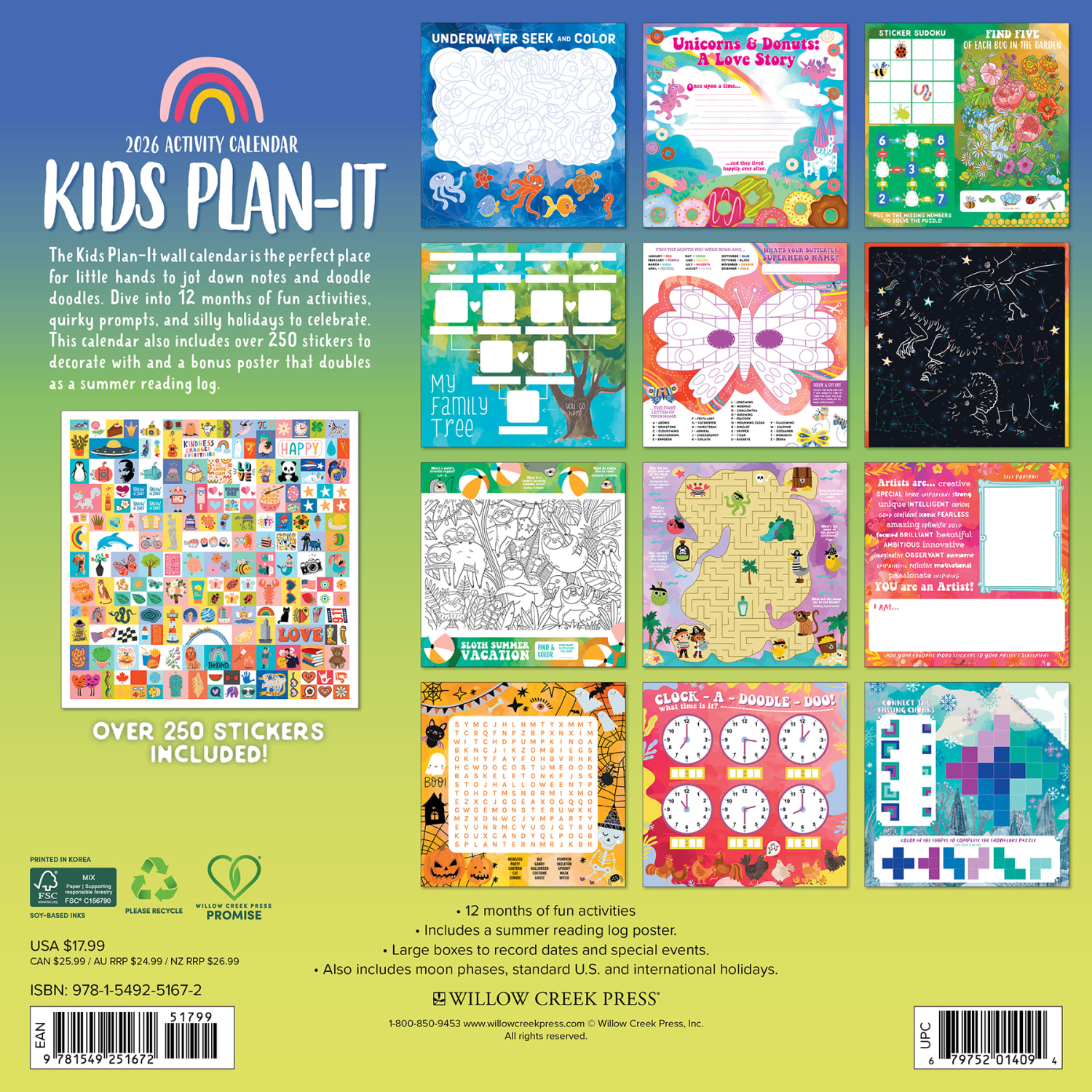2026 Willow Creek Press Art & Design Monthly Wall Calendar, 12in x 12in, Kid's Plan It Calendar, January To December, 51672 - Image 6