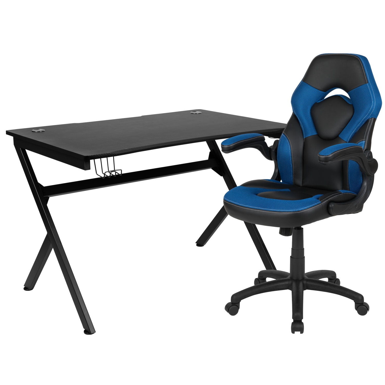 Flash Furniture Gaming Desk And Racing Chair Set With Cup Holder, Headphone Hook & 2 Wire Management Holes, Blue - Image 3