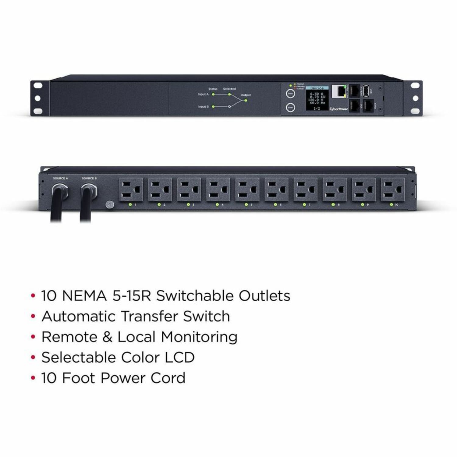 CyberPower PDU44001 Single Phase 100 - 120 VAC 15A Switched ATS PDU - 10 Outlets, 10 ft, 2 x NEMA 5-15P, Horizontal, 1U, SNMP, LCD, 3YR Warranty - Image 6