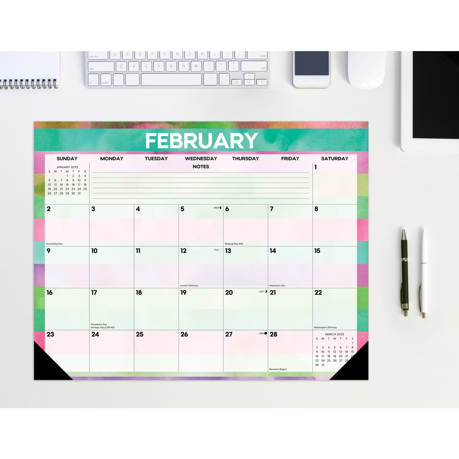 2025 Willow Creek Press Monthly Desk Pad Calendar, 22in x 17in, Watercolor Stripes, January 2025 To December 2025, 47958