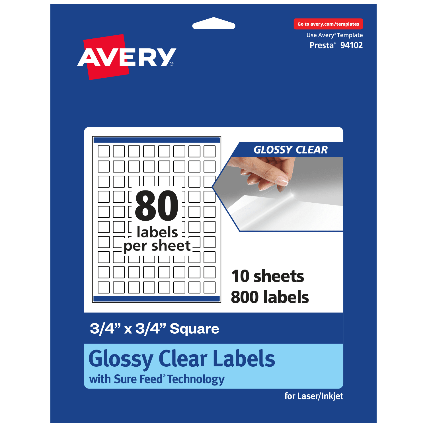 Avery Glossy Permanent Labels With Sure Feed, 94102-CGF10, Square, 3/4in x 3/4in, Clear, Pack Of 800