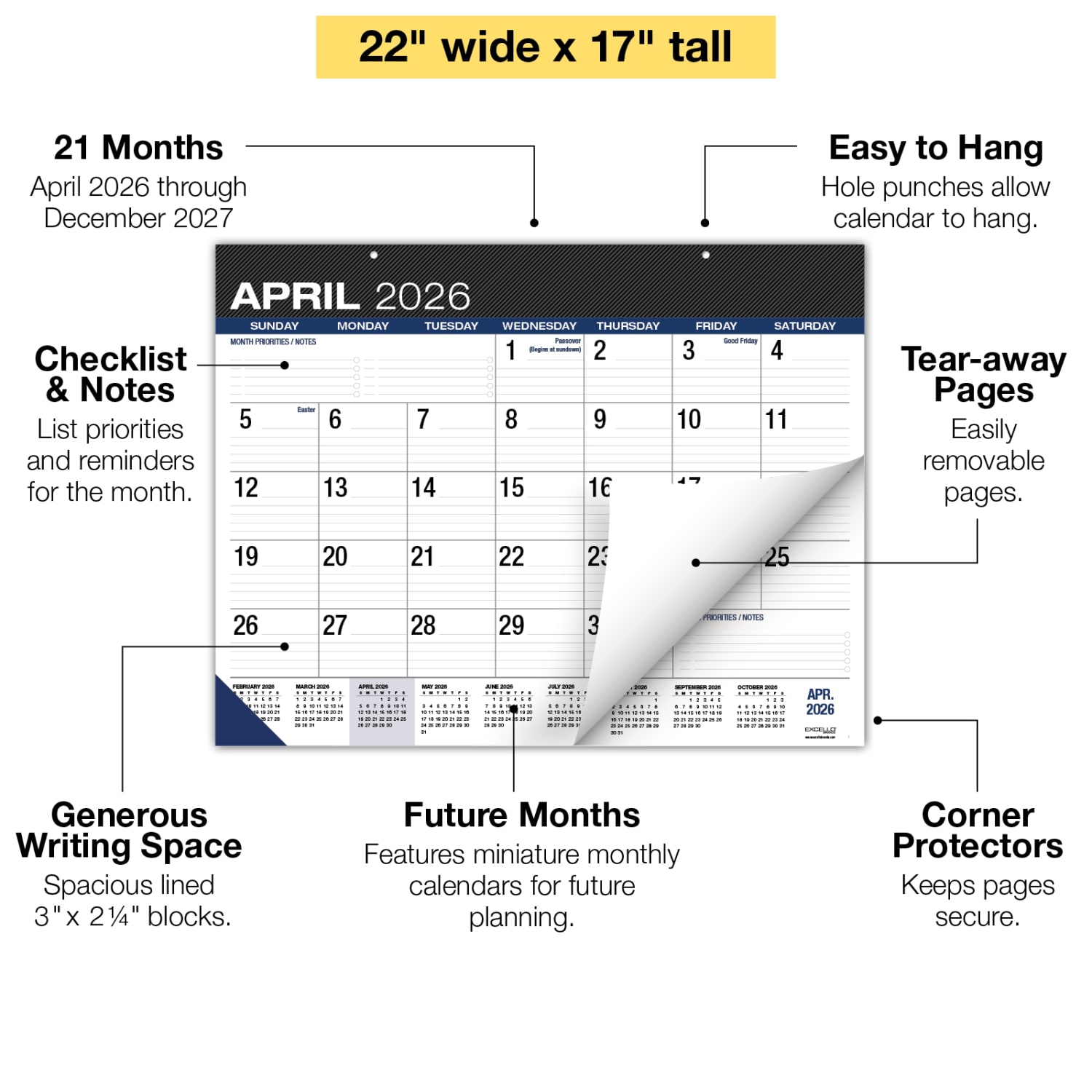 2026-2027 Excello Brands Academic Year Large Print Desk Pad Calendar, 22in x 17in, Black, April To December, Total Qty 1 - Image 3