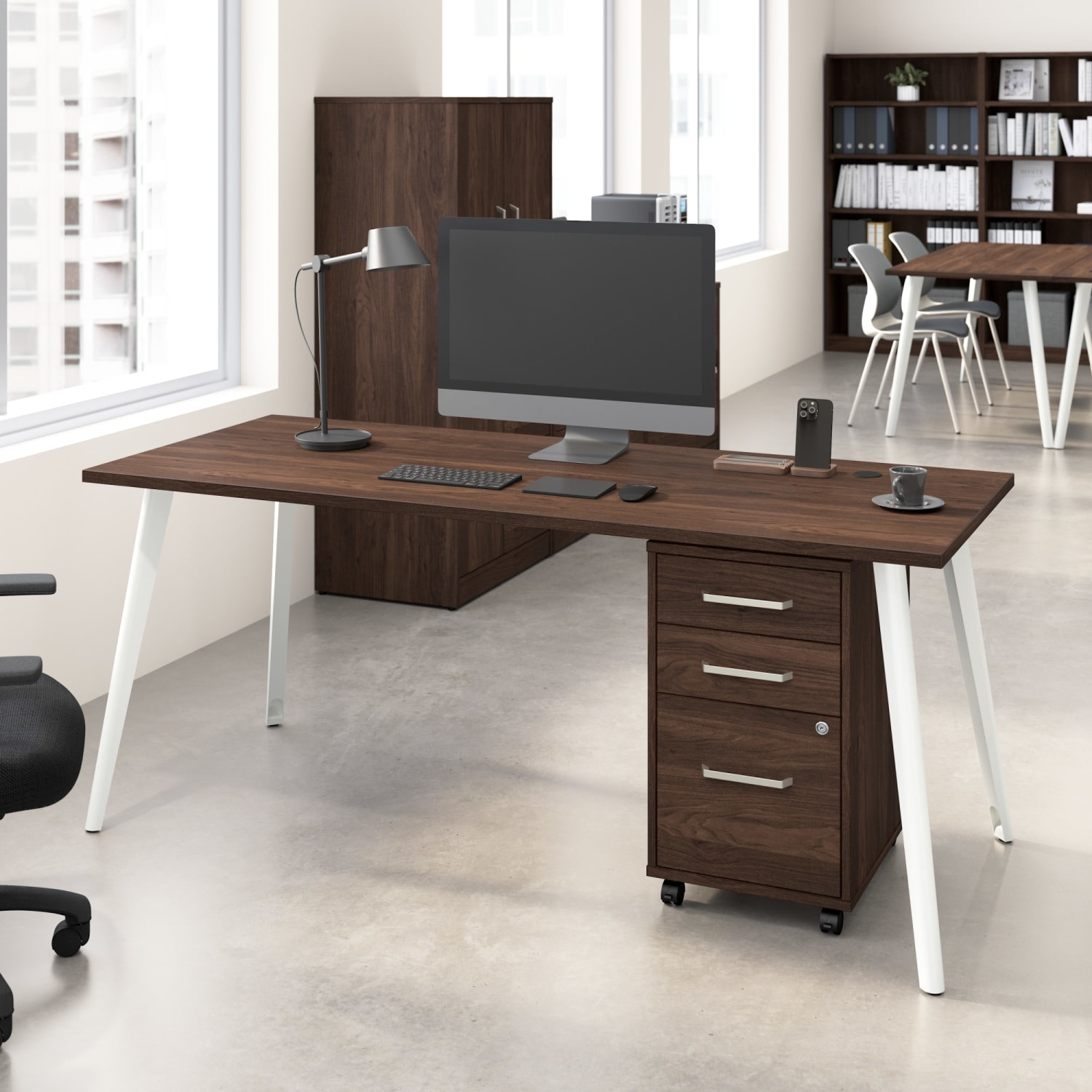 Bush Business Furniture Vista 72inW Desk with Splayed Metal Legs and 3 Drawer Mobile File Cabinet, Black Walnut, Standard Delivery